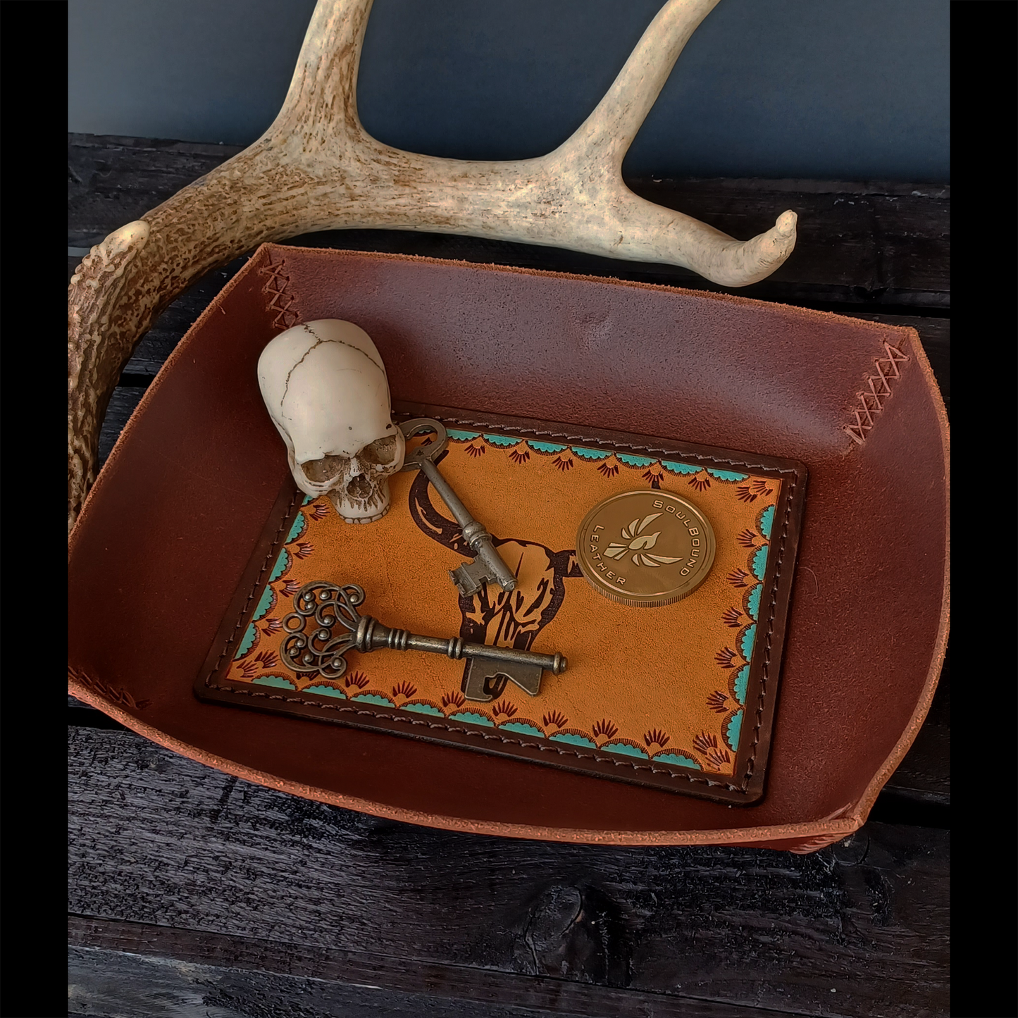 Boneyards EDC Tray Buffalo Brown with Cowskull Liner. Border Stamped and hand-painted. 209