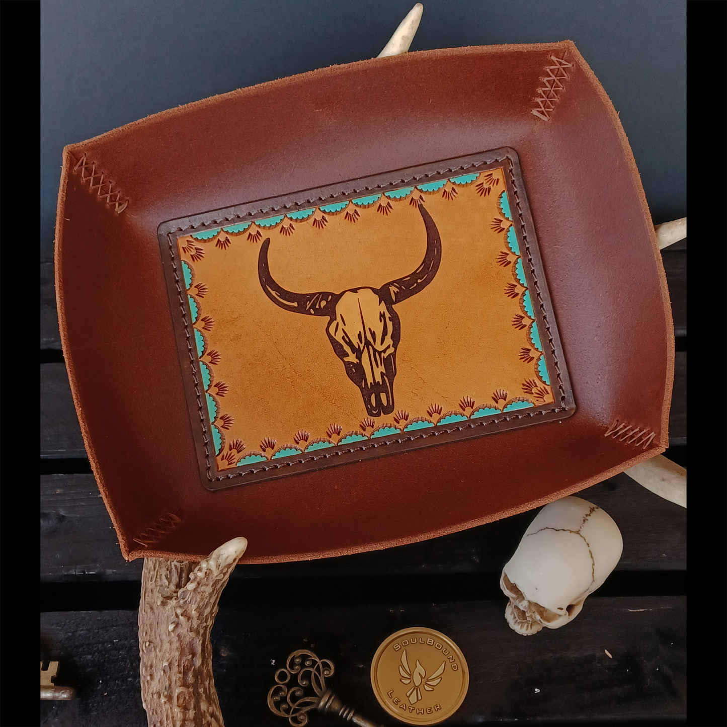 Boneyards EDC Tray Buffalo Brown with Cowskull Liner. Border Stamped and hand-painted. 209