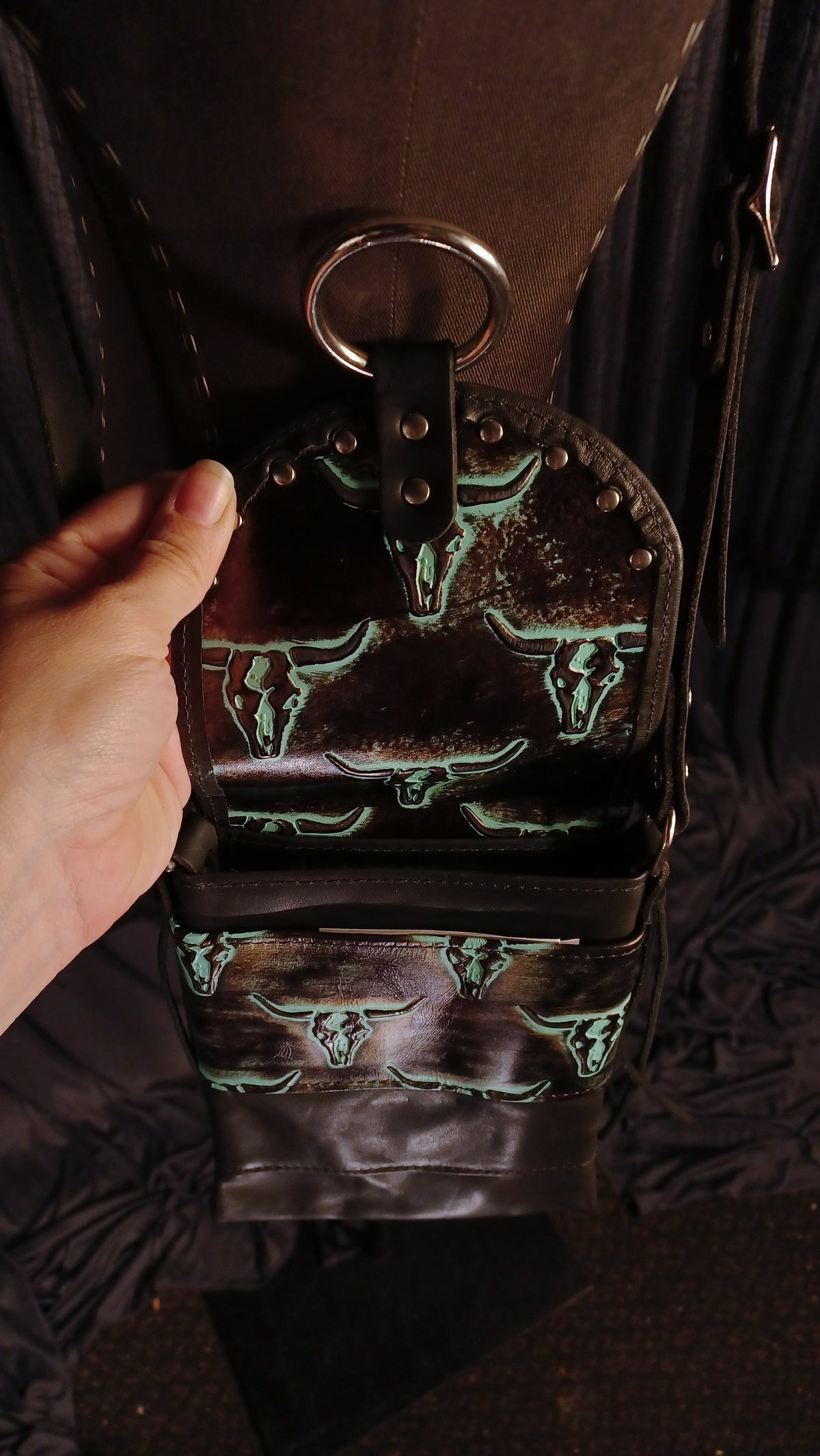 Small Night Rider Embossed Cow Skull Leather Crossbody Bag - Western Gothic Biker Purse | SoulBound Leather 234