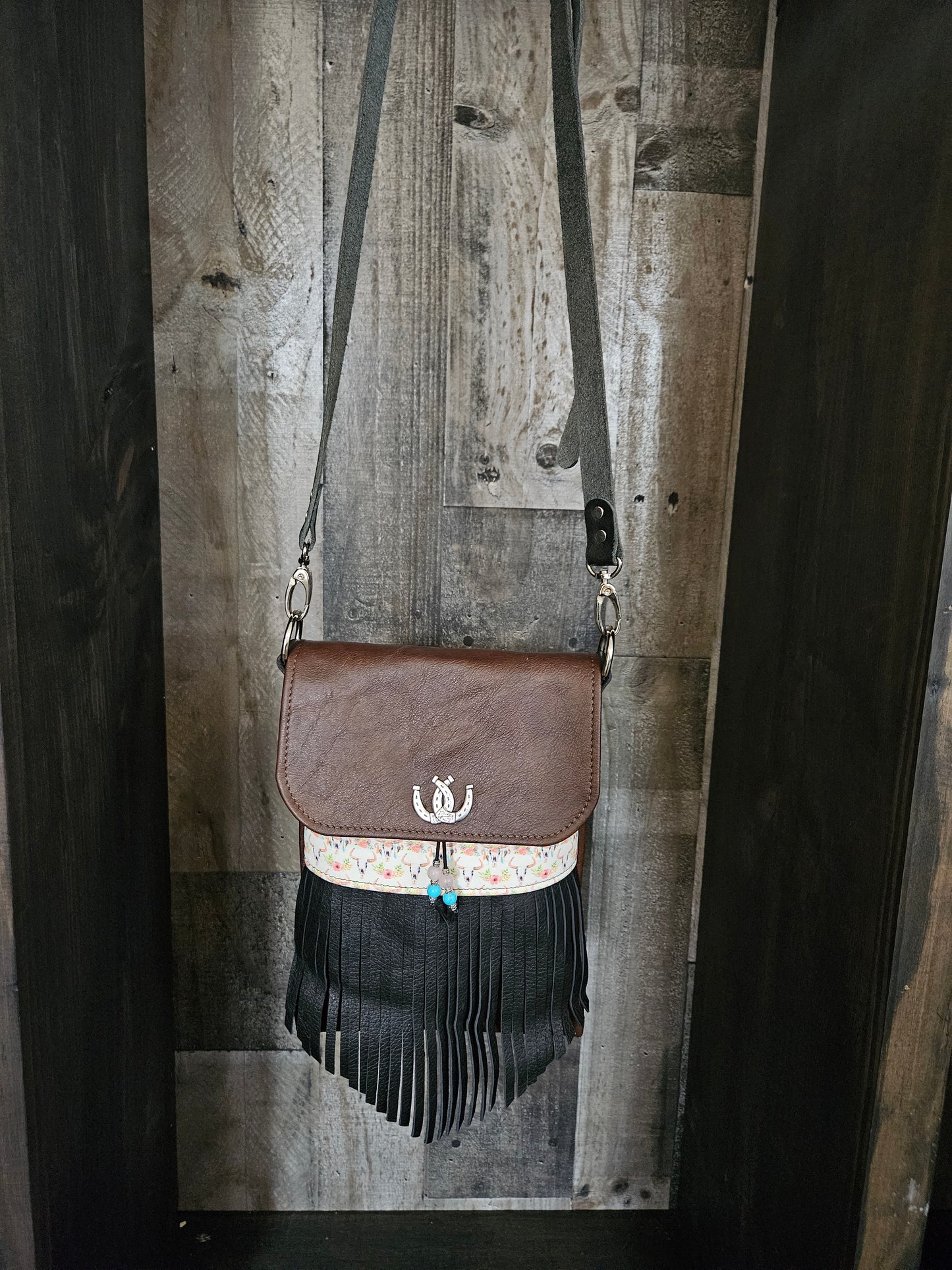 Brown Leather Crossbody Bag with Fringe. Boho Cow Skulls. Festival Bag. #52