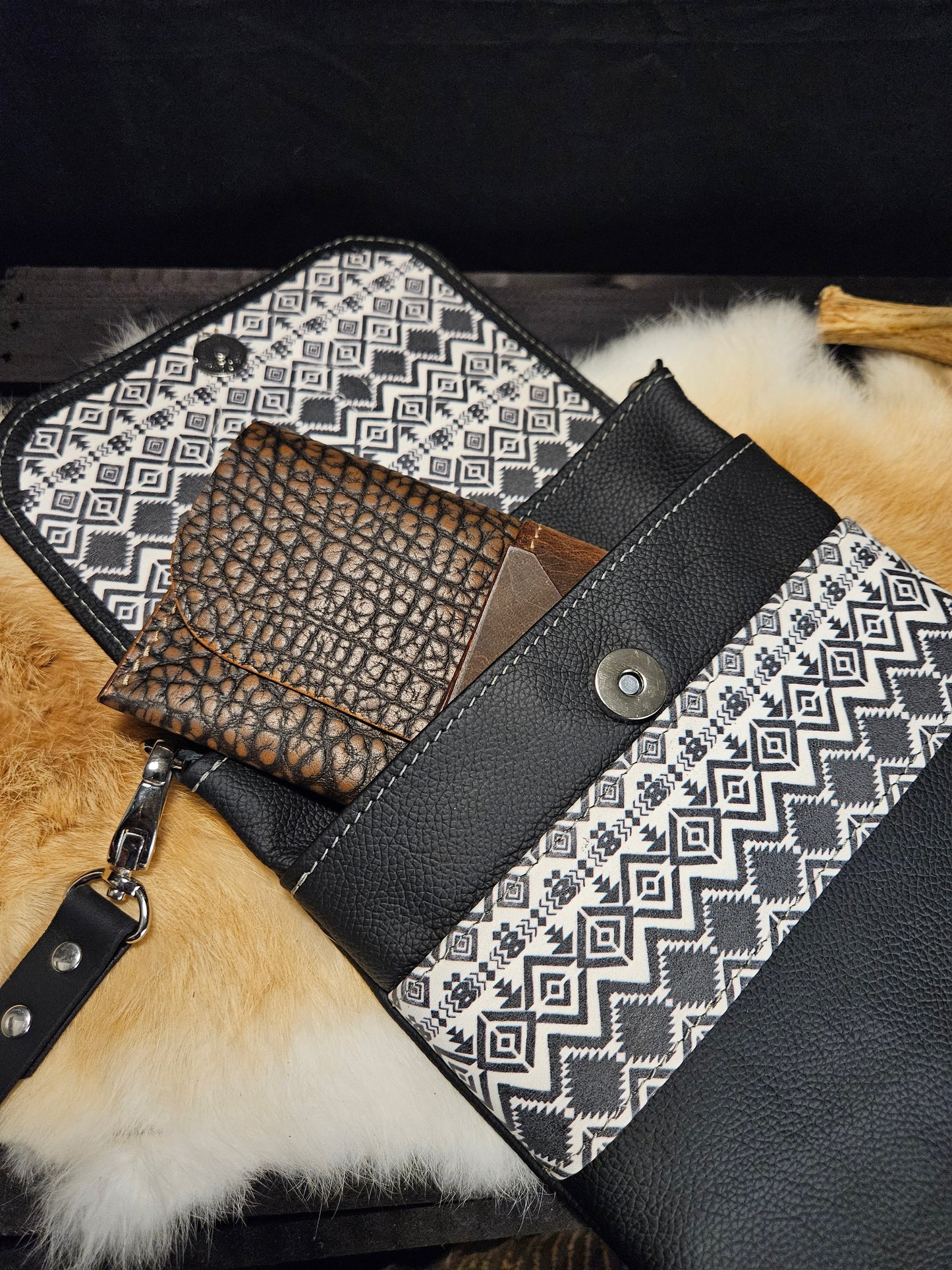 Black And White Aztec With Cowskull Patch. Crossbody. Festival Bag. Small #51