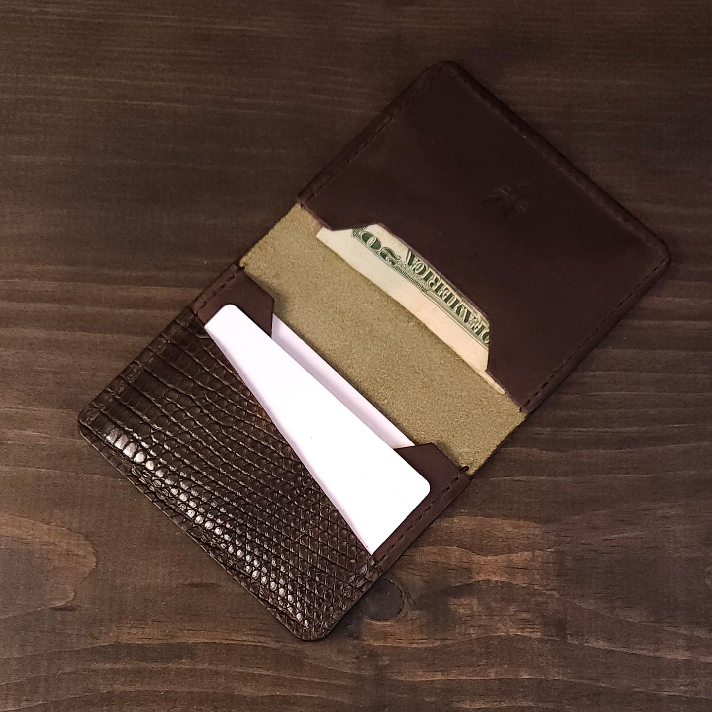 Lizard Compact Wallet. Brown and Olive. 64