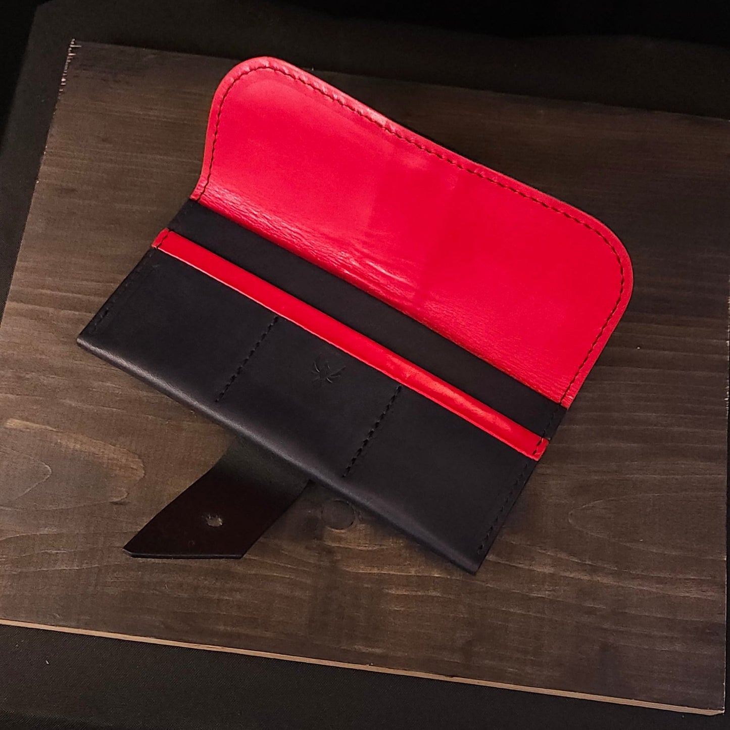 Sweet Caroline Premium Wallet. Navy Blue Minerva. Red Kangaroo Lining. 87