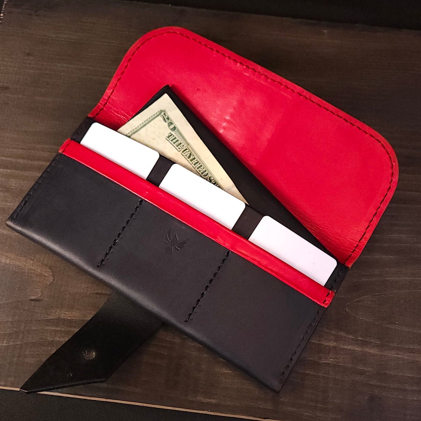 Sweet Caroline Premium Wallet. Navy Blue Minerva. Red Kangaroo Lining. 87