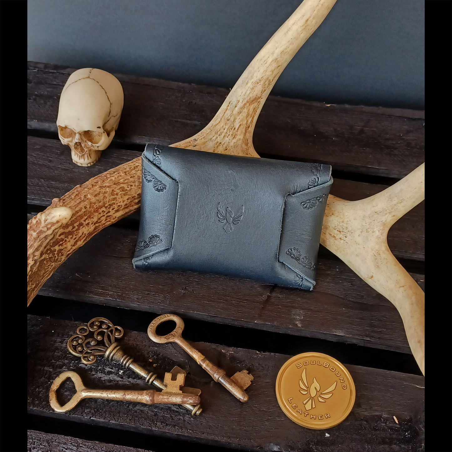 Folded Fate Wallet. Navy Blue. Border Stamp. 203