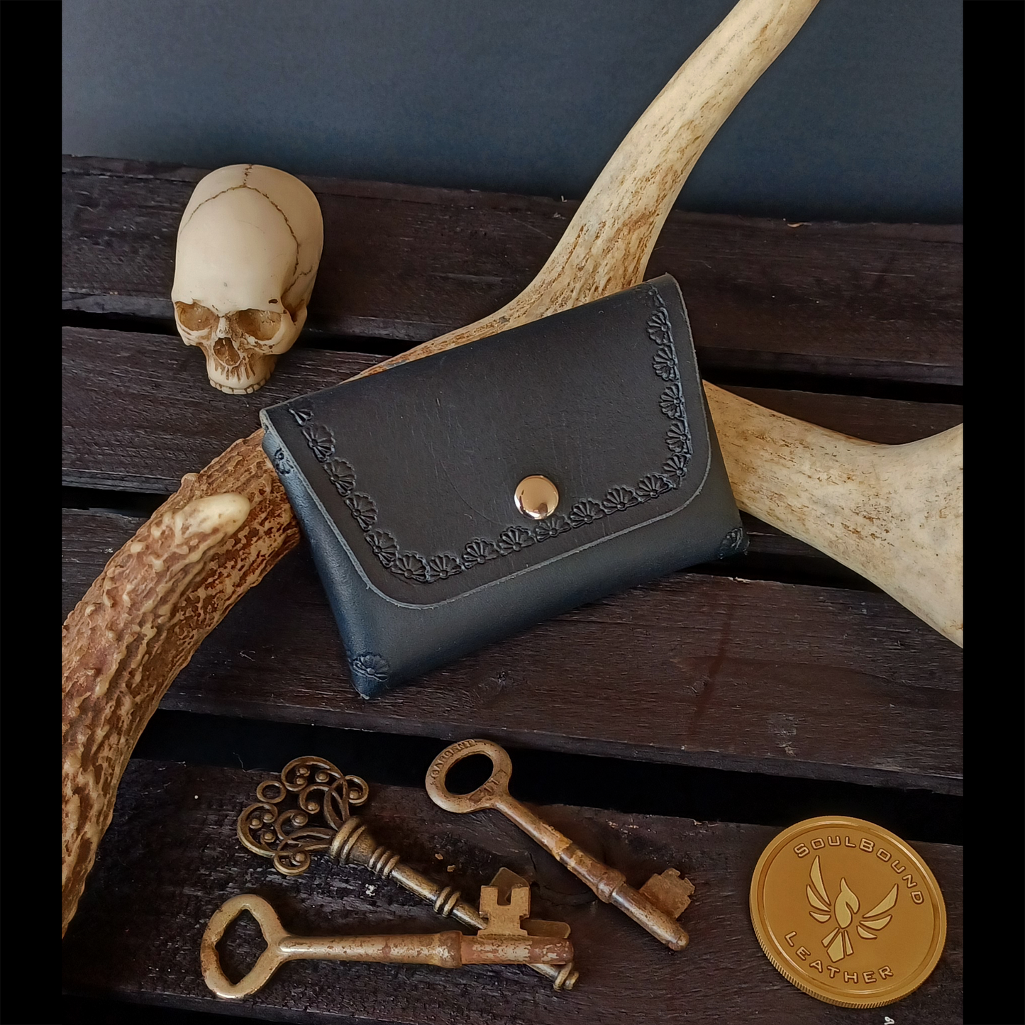 Folded Fate Wallet. Navy Blue. Border Stamp. 203