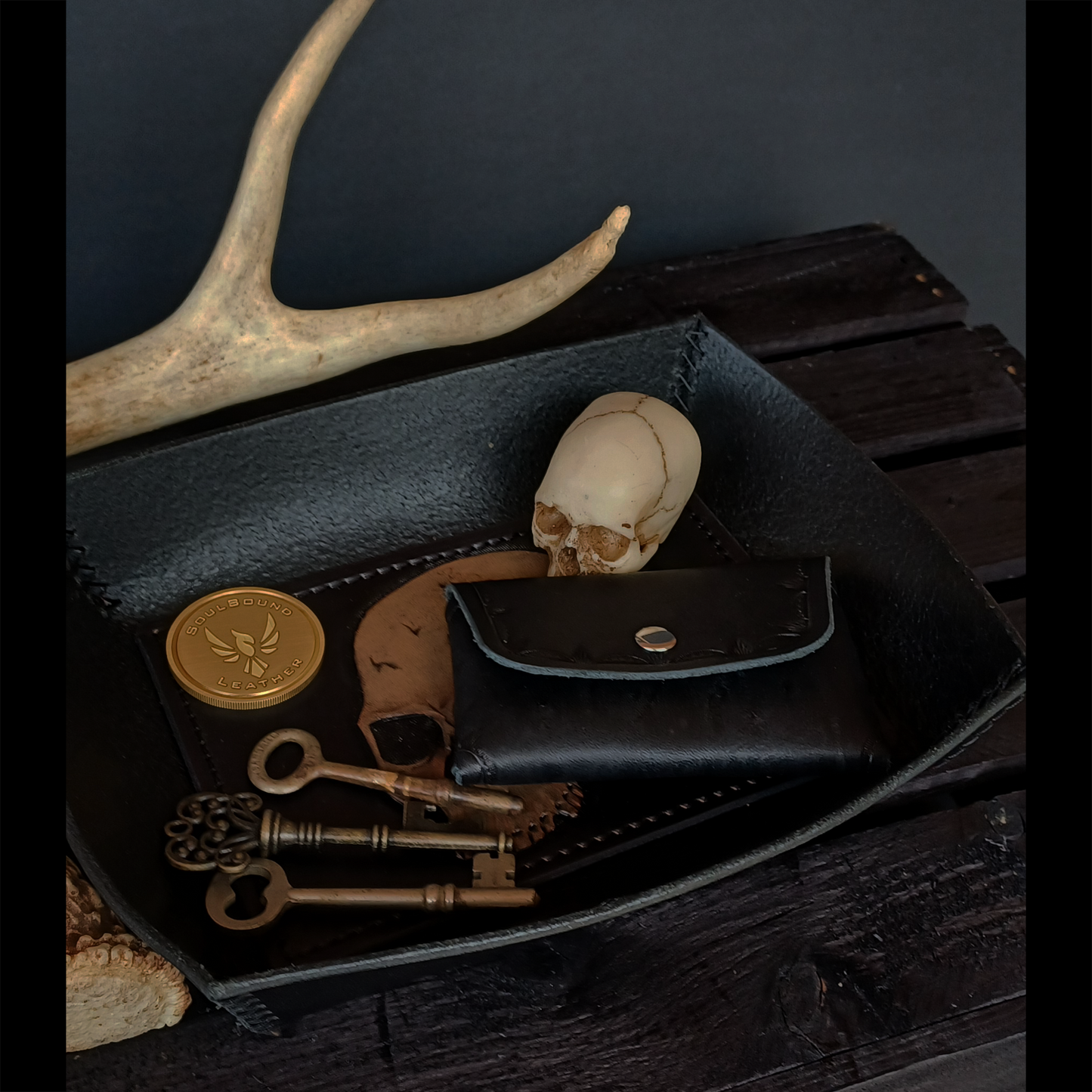 Boneyards EDC Tray. Black with Hand-Drawn Skull. Hand-Tooled and Hand-Painted 210