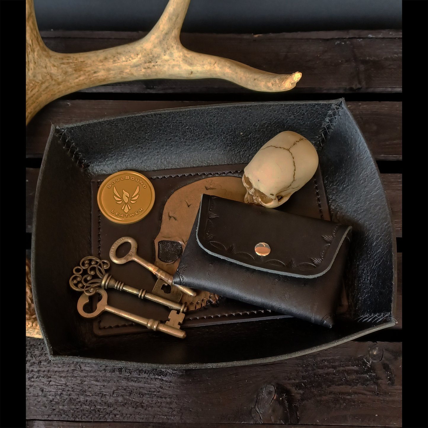 Boneyards EDC Tray. Black with Hand-Drawn Skull. Hand-Tooled and Hand-Painted 210