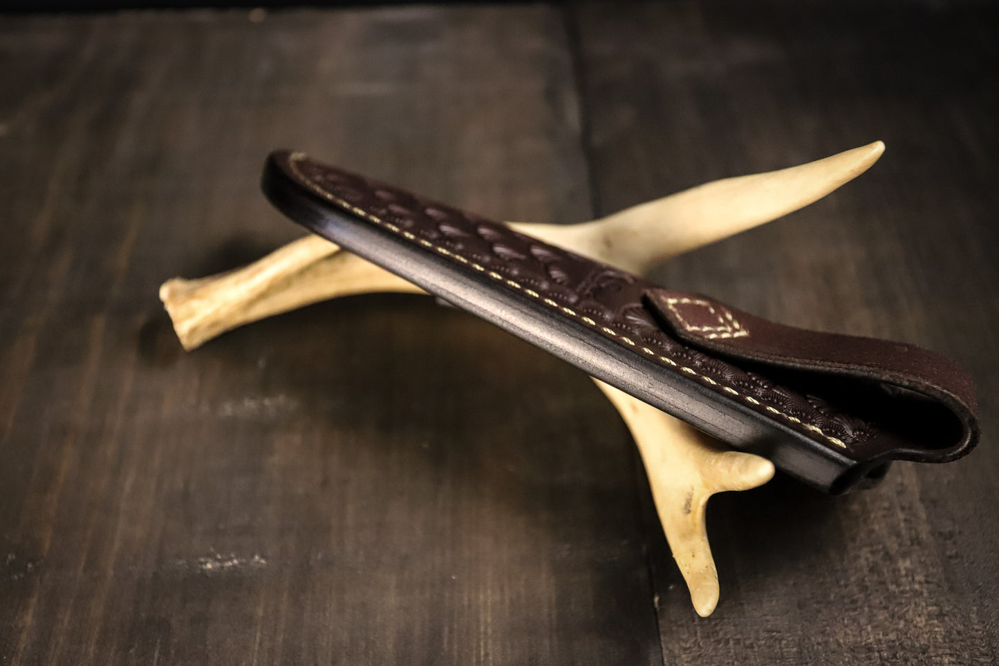 SBL4 Foldover Sheath. Fan. Dark Brown. Sand Stitch.