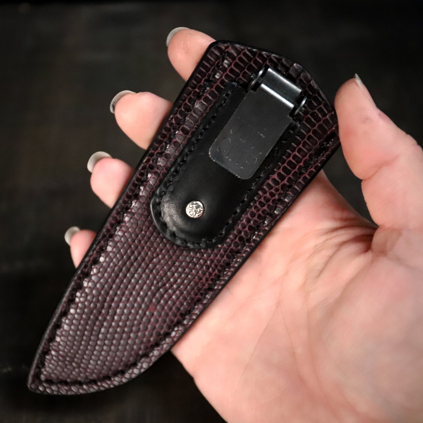 Pygmy Sheath. Ulticlip. Lizard. Purple. Black Stitch. Lefty. #29