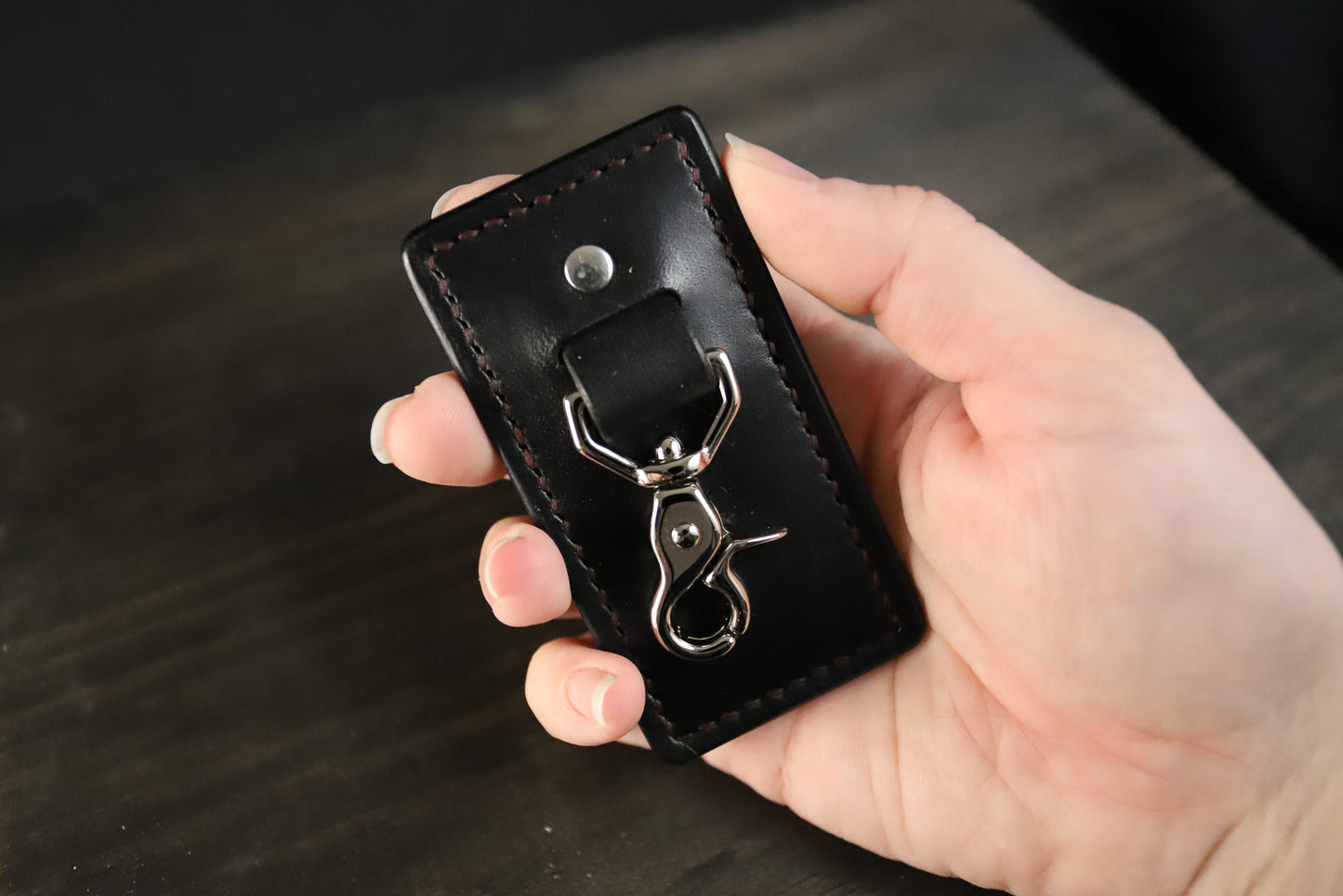 Belt Clip Keychain. Black. Burgundy Stitch. #3