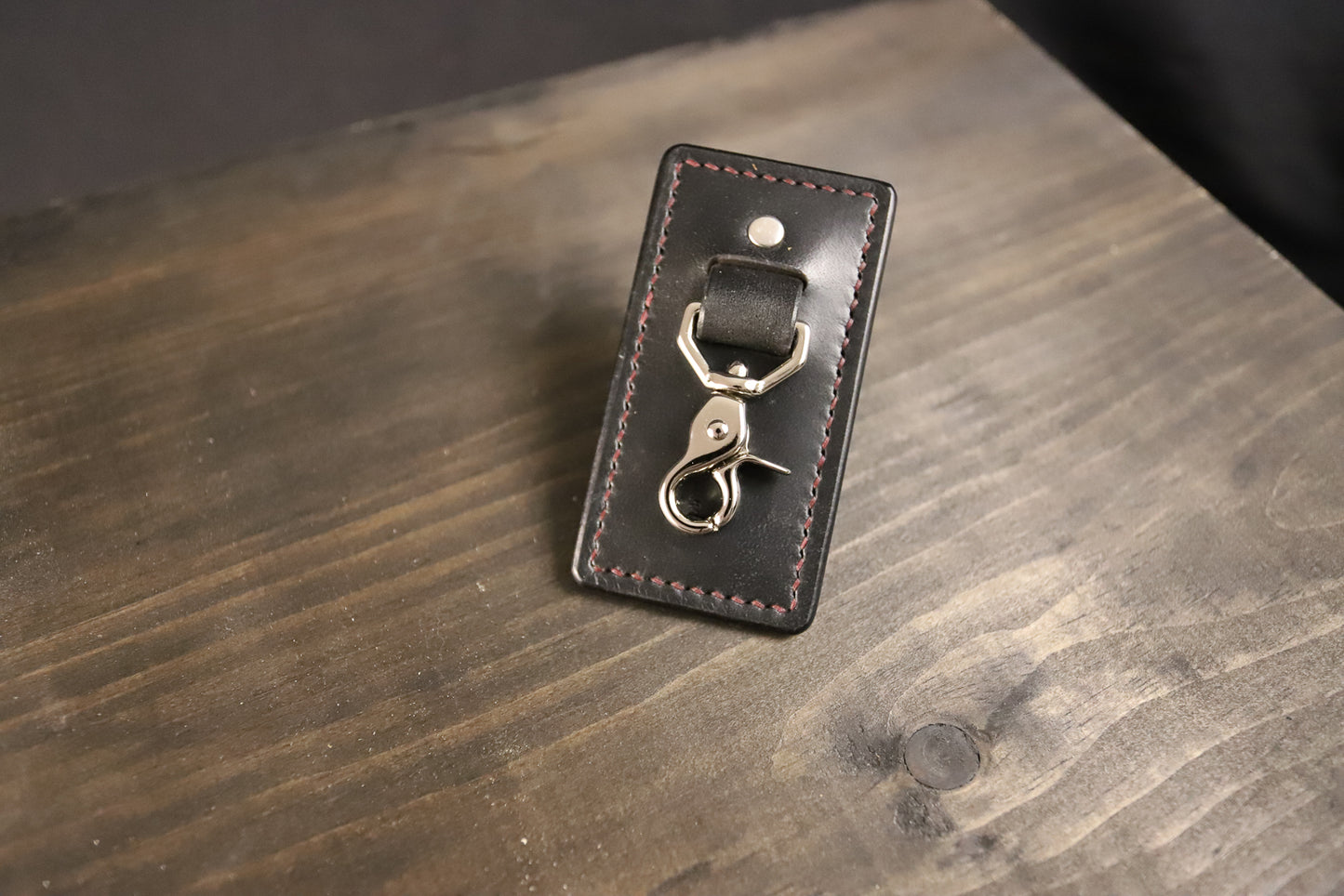 Belt Clip Keychain. Black. Burgundy Stitch. #3