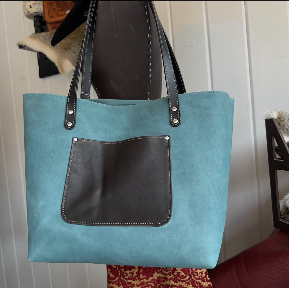 Slate Blue & Black Handcrafted Leather Tote #135