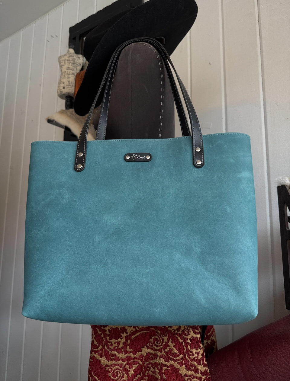 Slate Blue & Black Handcrafted Leather Tote #135