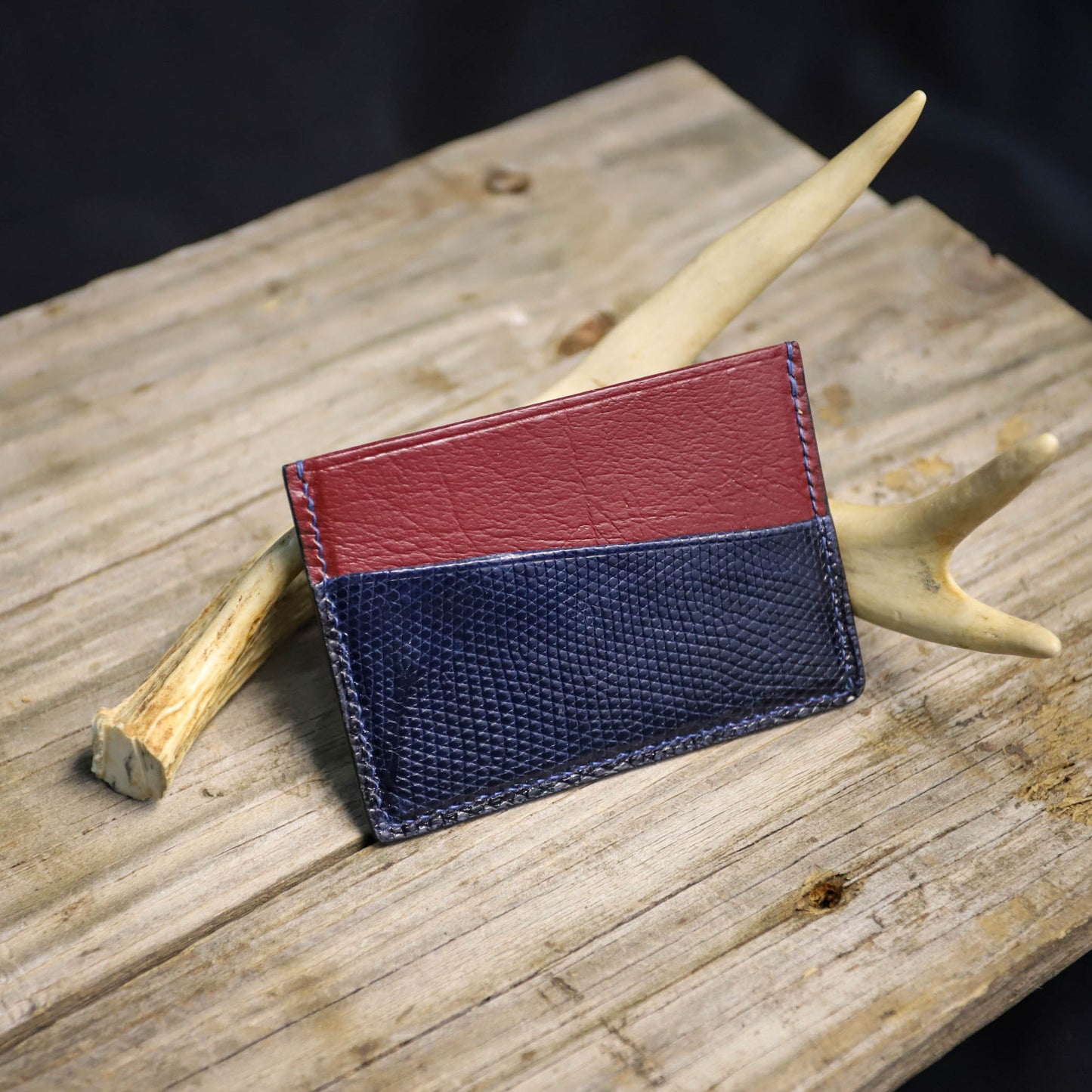 SBL Premium Card Wallet. Blue Lizard. Maroon Pigskin. Blue Stitch. #37
