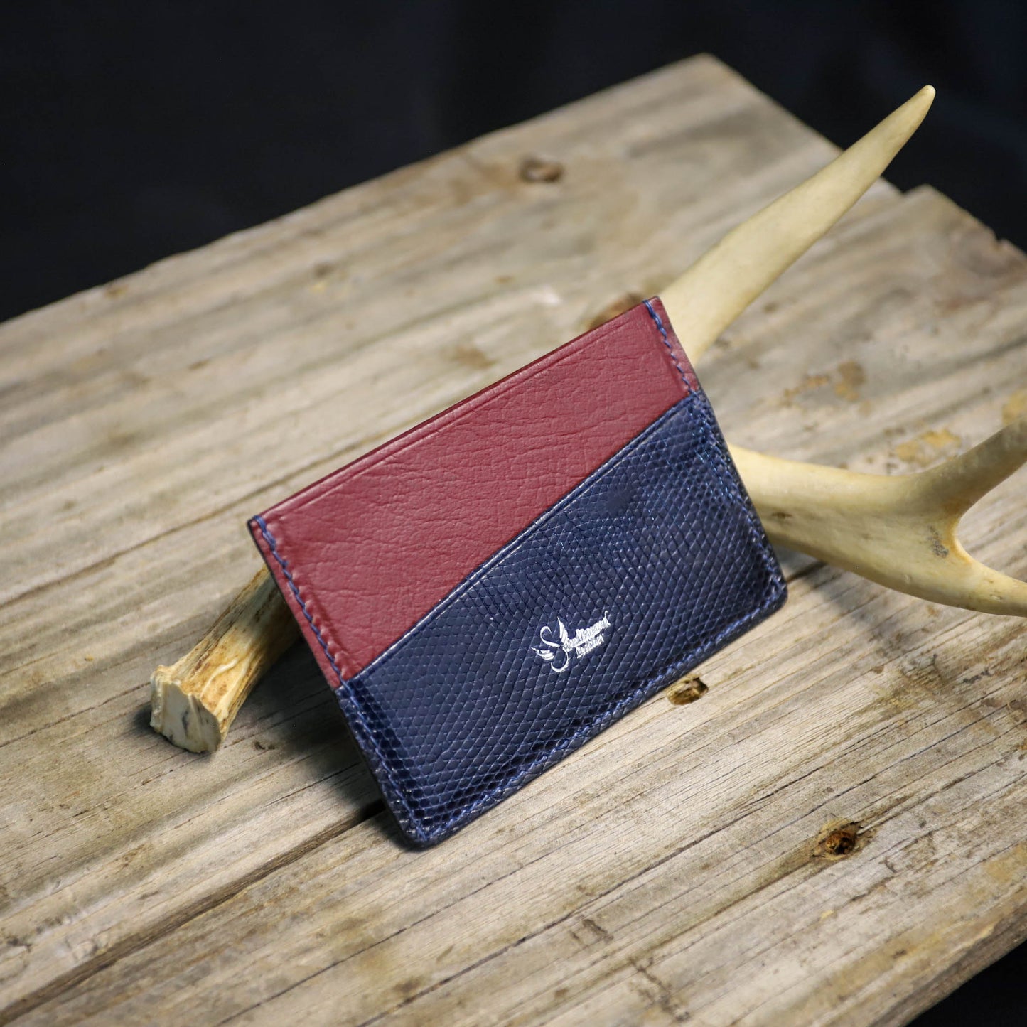 SBL Premium Card Wallet. Blue Lizard. Maroon Pigskin. Blue Stitch. #37