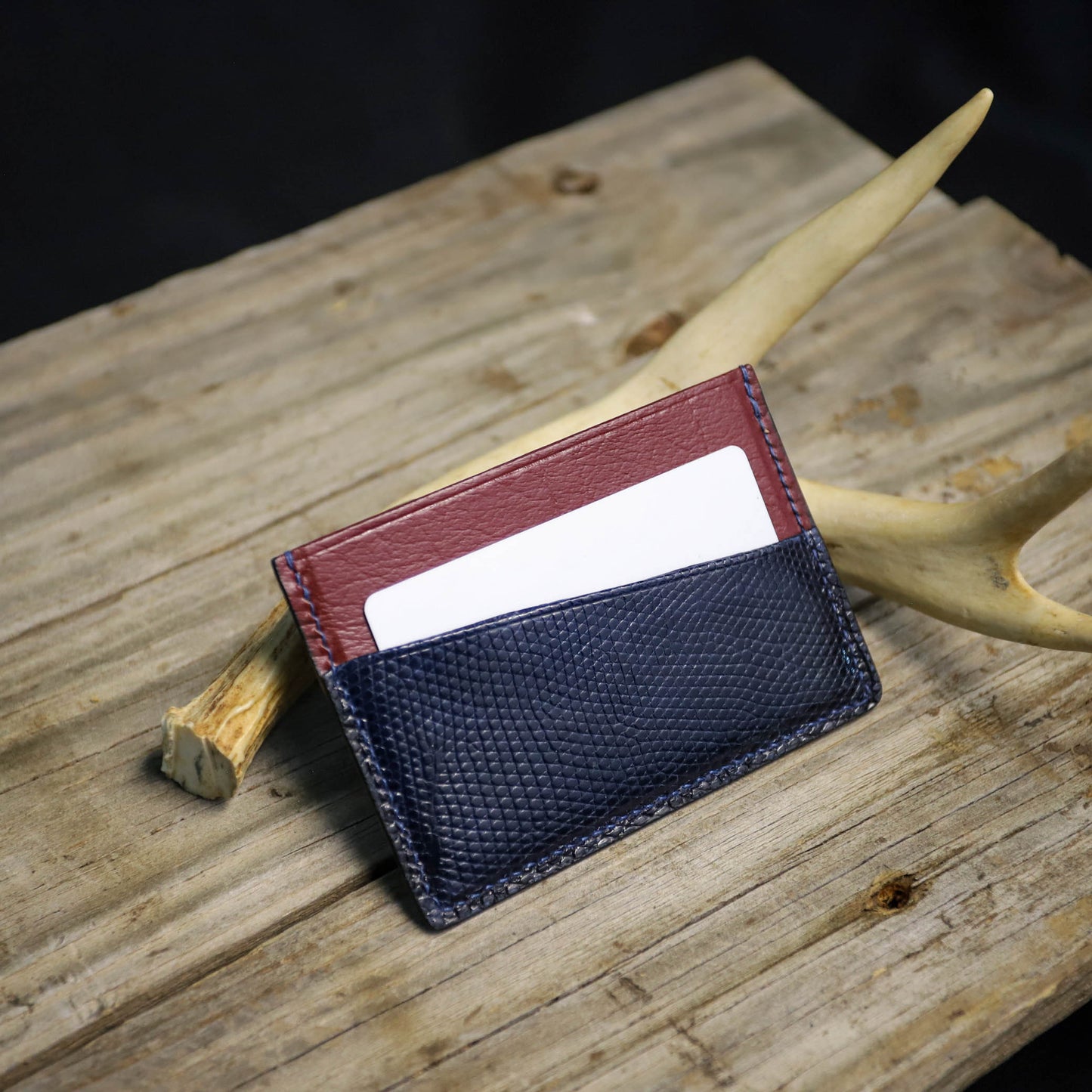 SBL Premium Card Wallet. Blue Lizard. Maroon Pigskin. Blue Stitch. #37