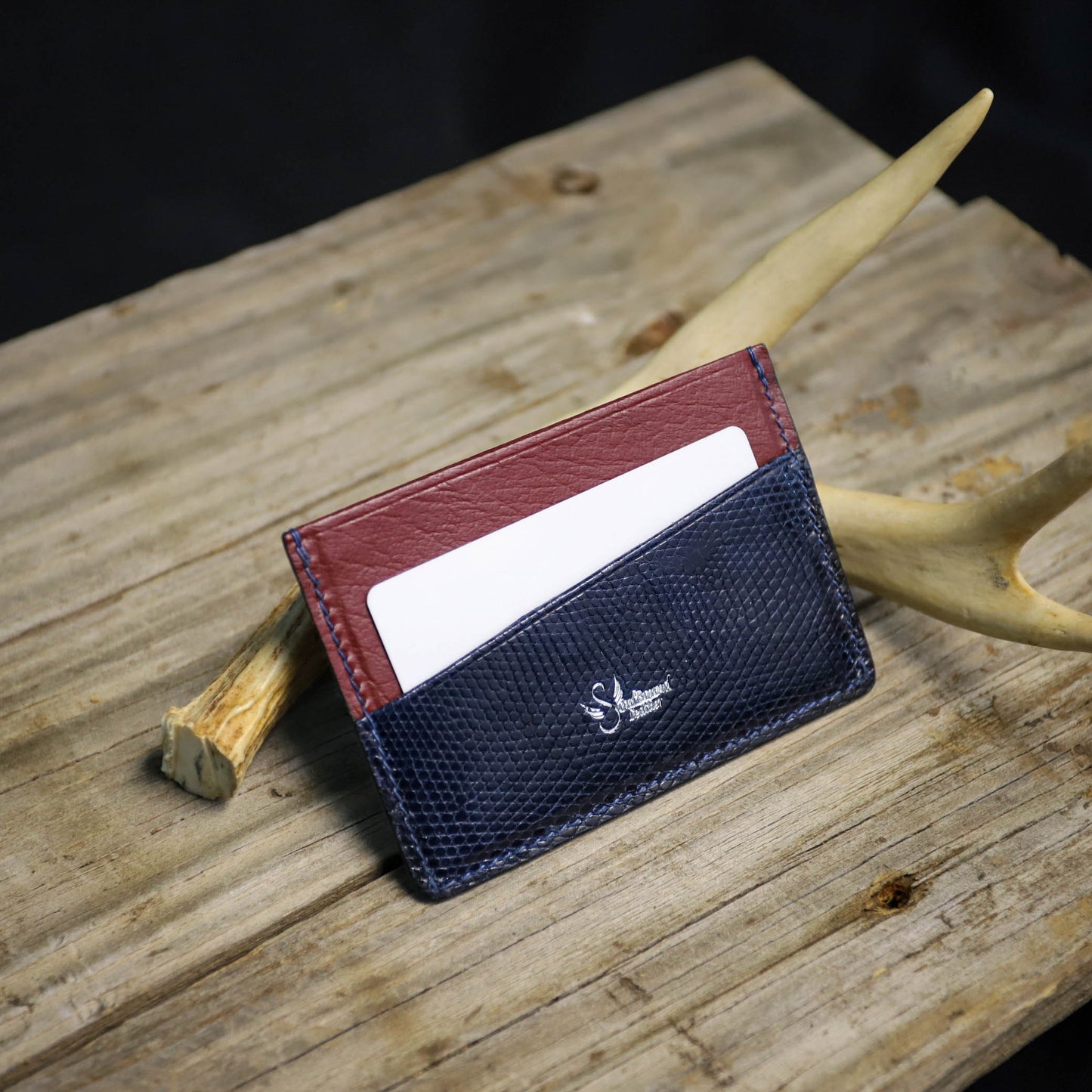 SBL Premium Card Wallet. Blue Lizard. Maroon Pigskin. Blue Stitch. #37