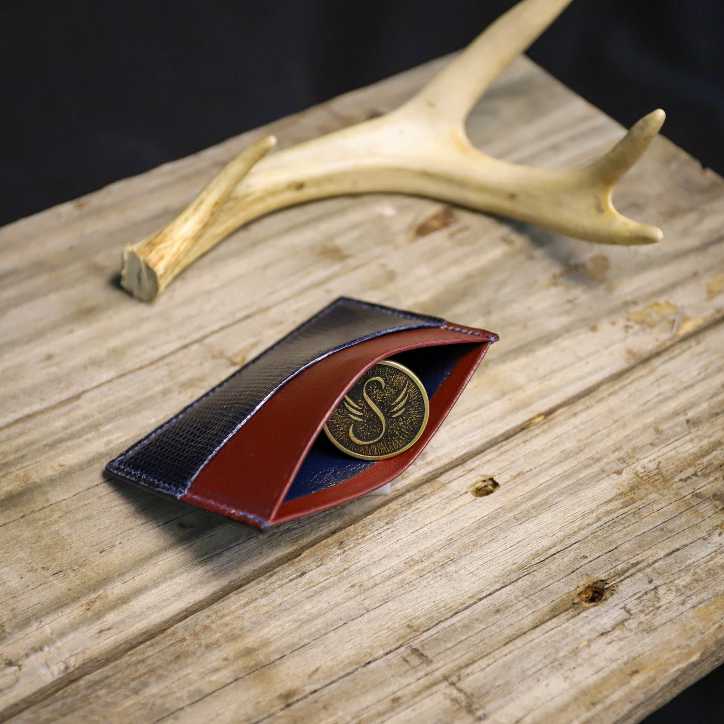 SBL Premium Card Wallet. Blue Lizard. Maroon Pigskin. Blue Stitch. #37