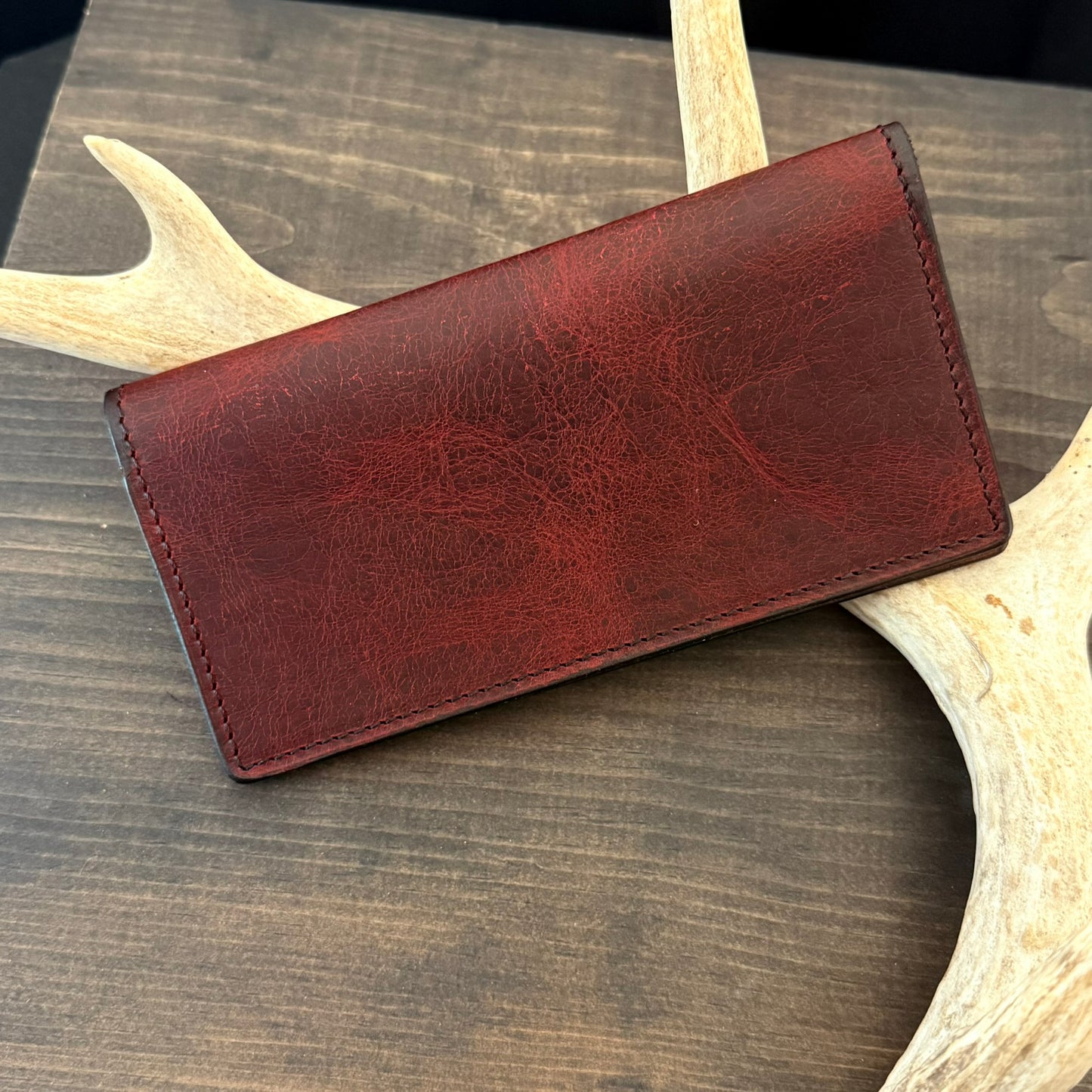 Checkbook Cover. Burgundy Pullup Oil Tan Leather. Tan Stitch. #144