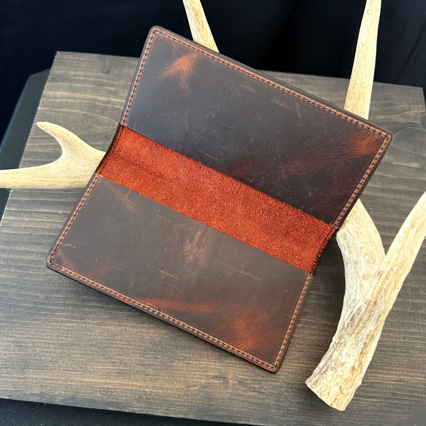 Checkbook Cover. Burgundy Pullup Oil Tan Leather. Tan Stitch. #144