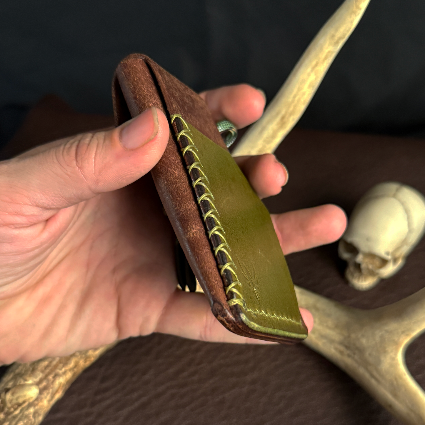 Tauren EDC Wallet Dark Brown Pueblo. Olive Green Buttero Pocket. Olive Green Stitch. #195