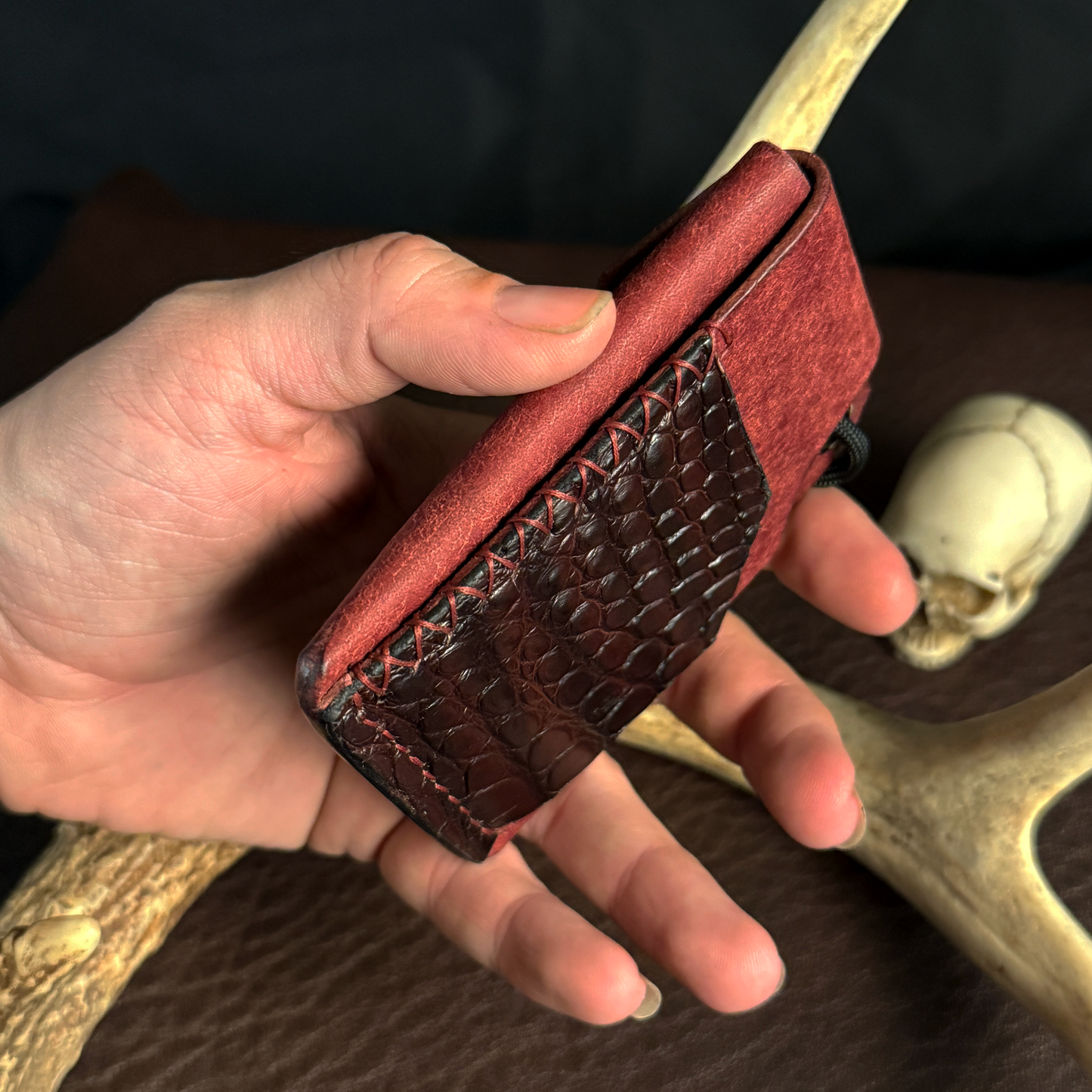 Tauren EDC Wallet Bordeaux Pueblo. American Alligator Pocket. Burgundy Stitch. #189