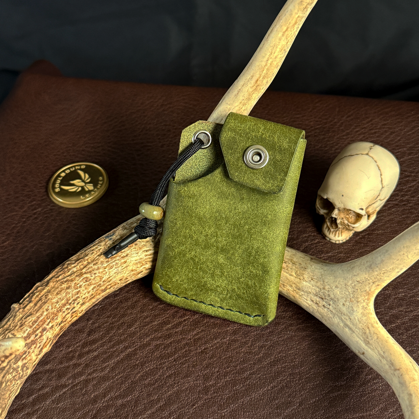 Tauren EDC Wallet Olive Pueblo. American Alligator Pocket. Forest Green Stitch. #194
