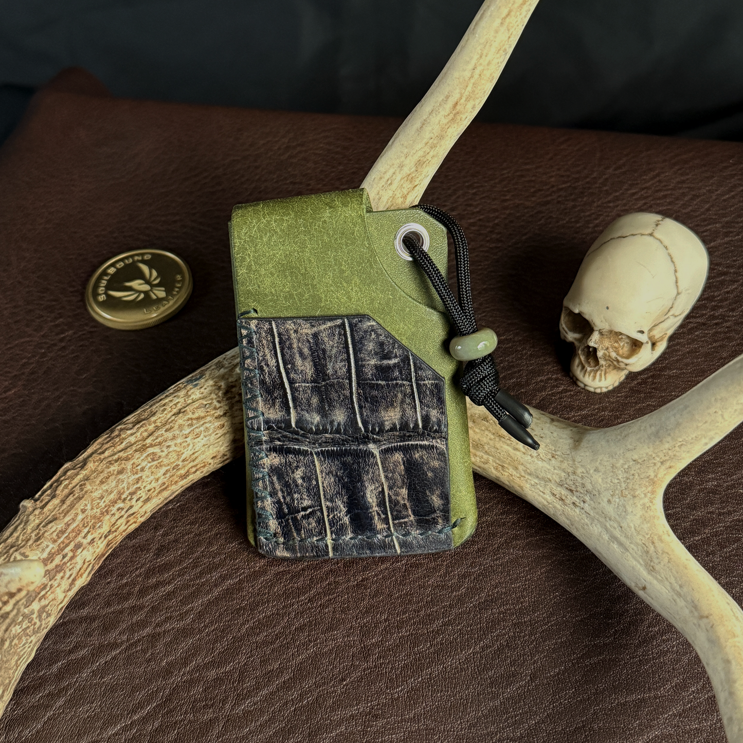 Tauren EDC Wallet Olive Pueblo. American Alligator Pocket. Forest Green Stitch. #194