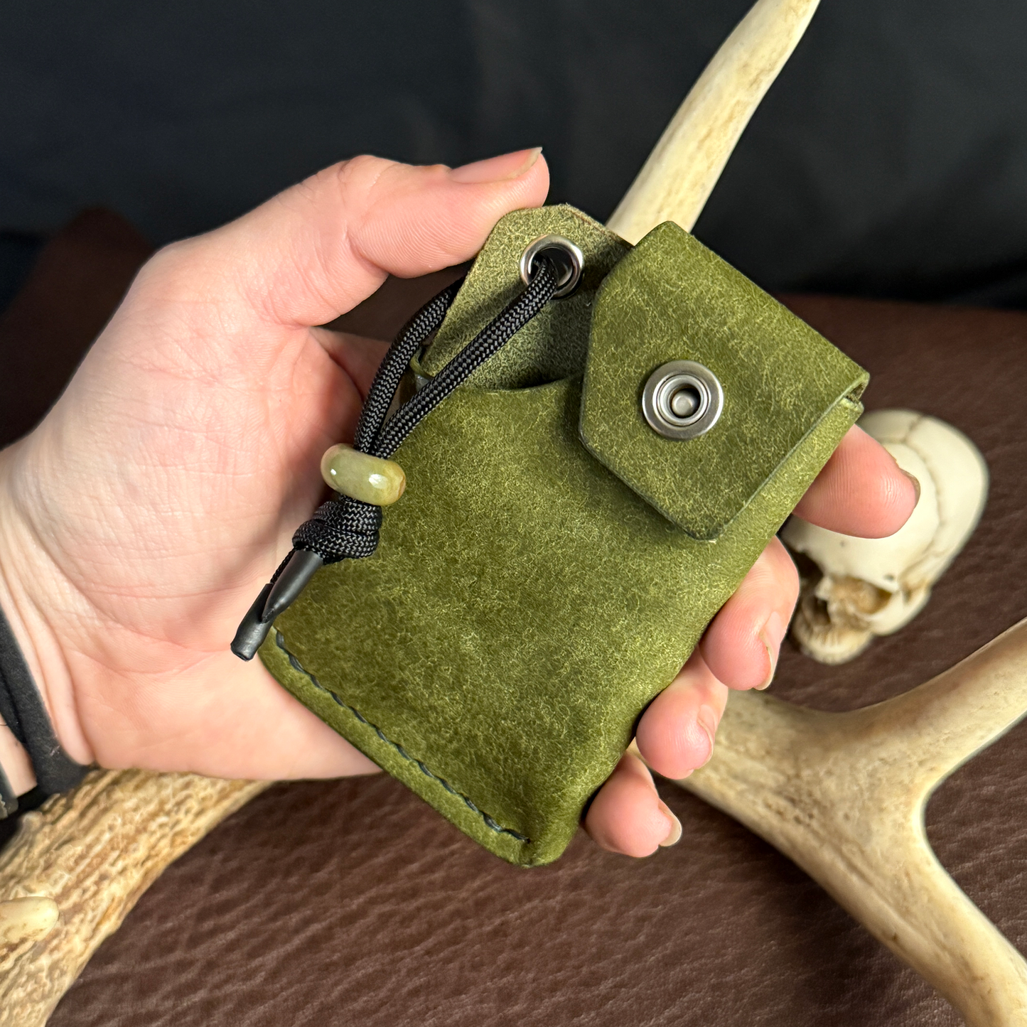 Tauren EDC Wallet Olive Pueblo. American Alligator Pocket. Forest Green Stitch. #194