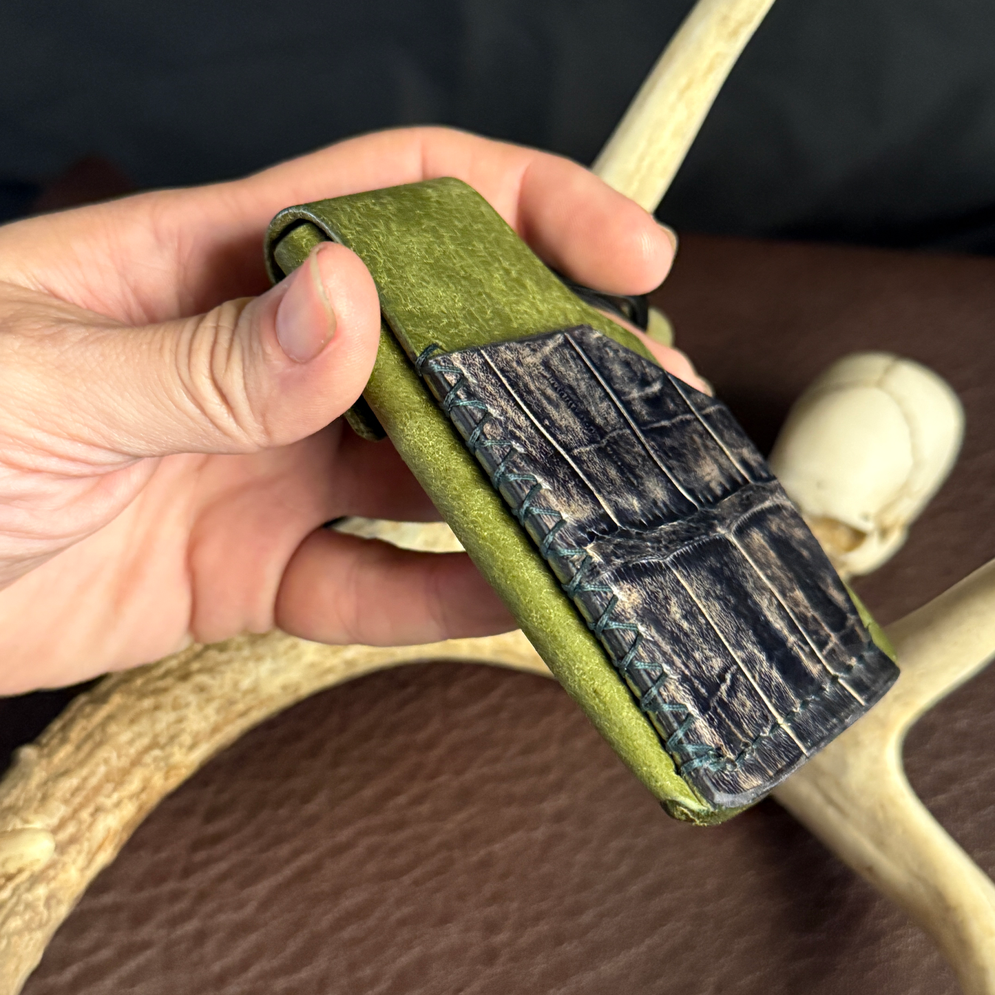 Tauren EDC Wallet Olive Pueblo. American Alligator Pocket. Forest Green Stitch. #194