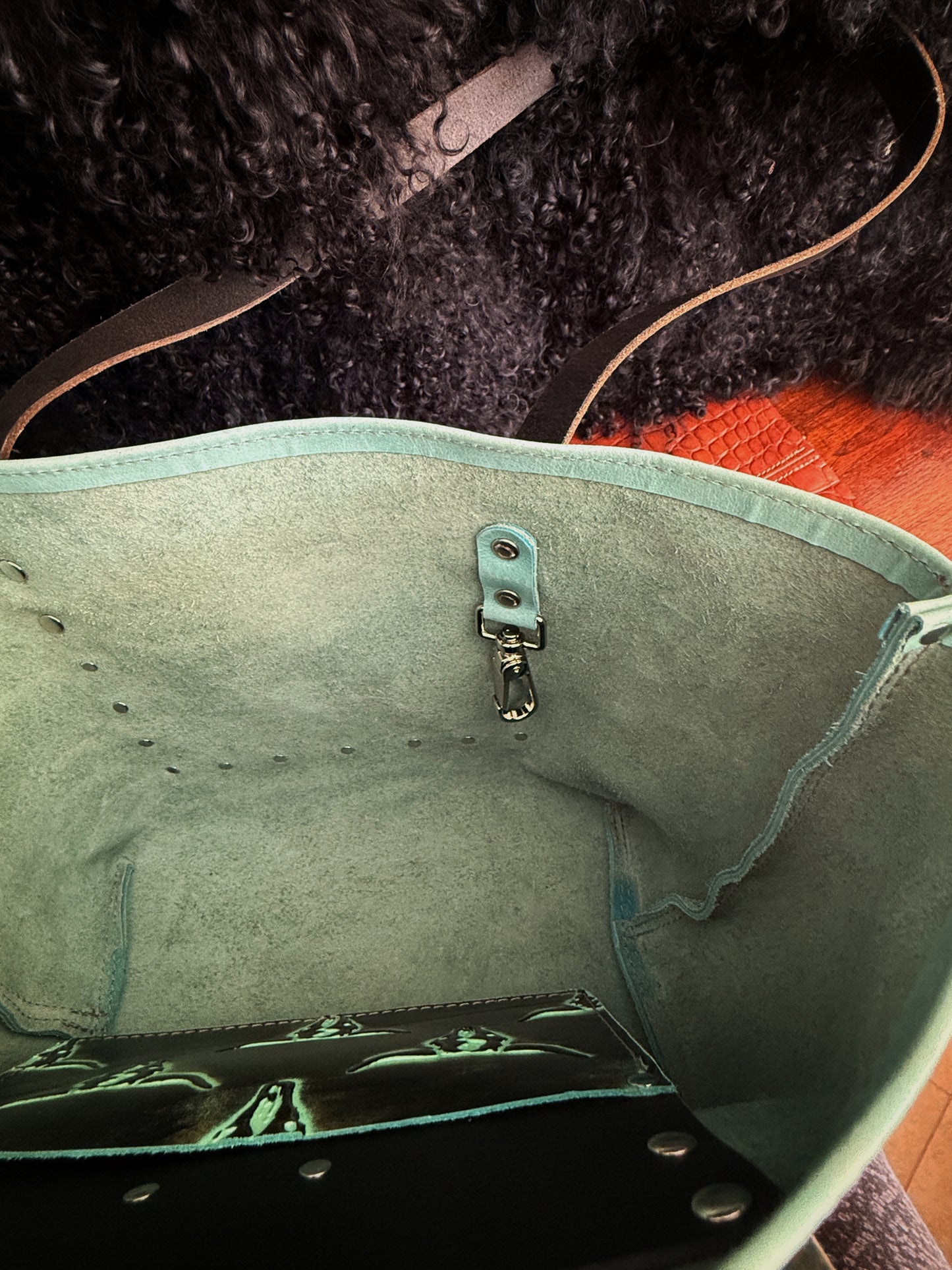 Dustwalker Tote - Small -Turquoise & Black with Skull Pocket 218