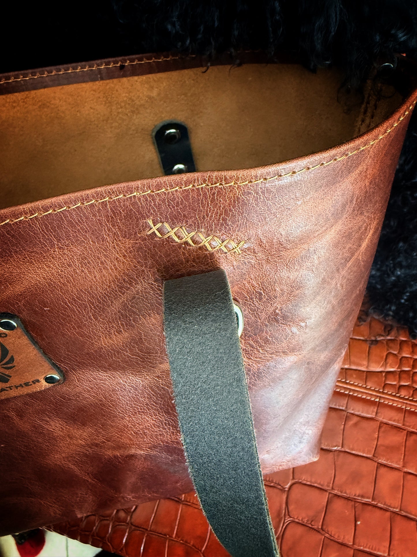 Dustwalker Tote - Small -Reddish Brown with Embossed Croc (Water Buffalo Straps) 217