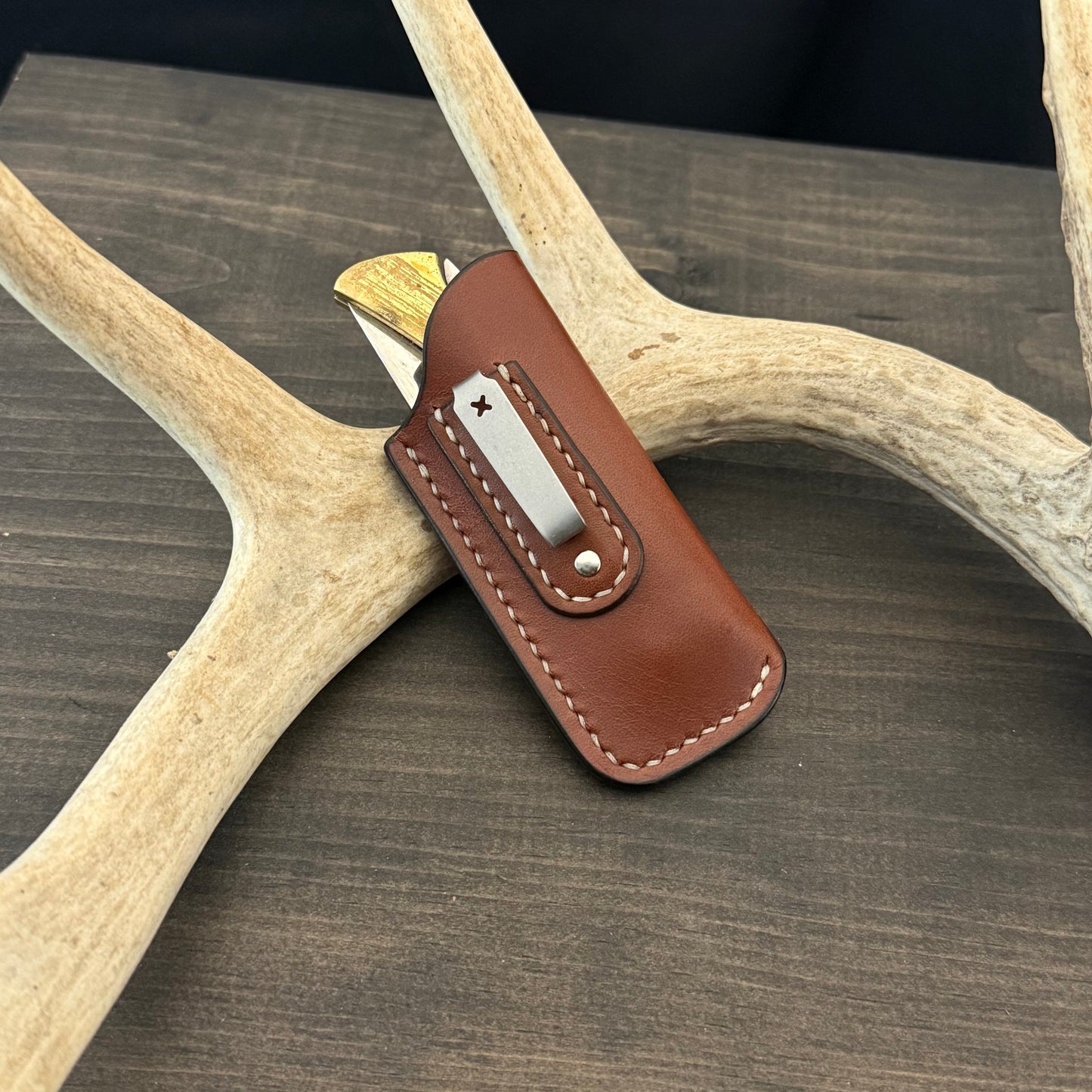 SBL Pocket Sheath. Small. Medium Brown. Cream Stitch. #119