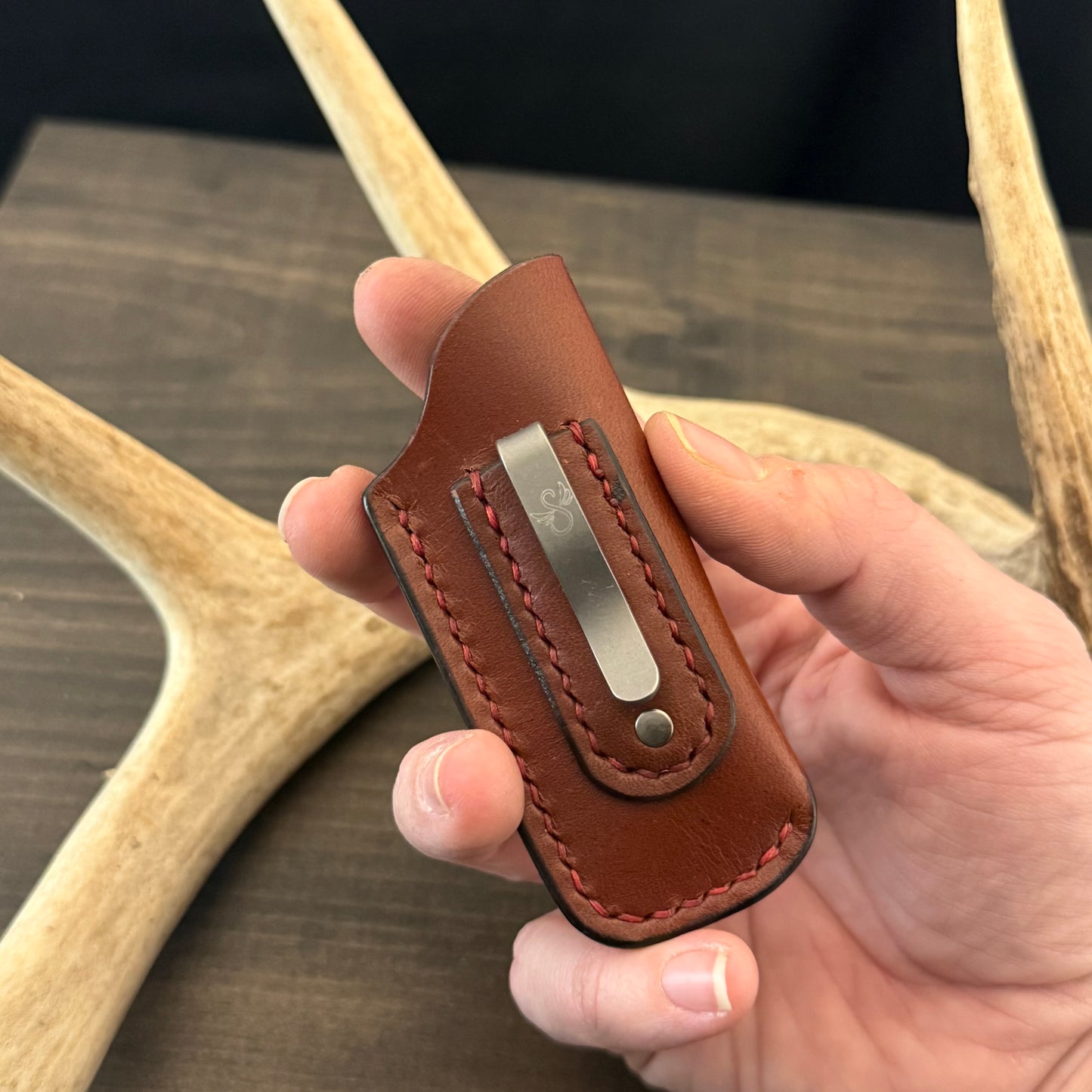 SBL Pocket Sheath. Micro. Medium Brown. Red Stitch. #125