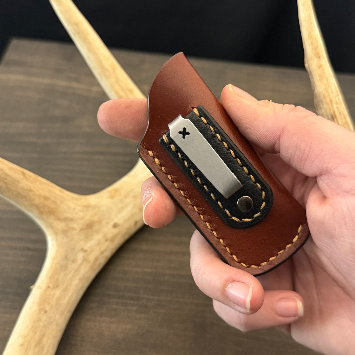 SBL Pocket Sheath. Micro. Medium Brown. Black Accent. Tan Stitch. #126