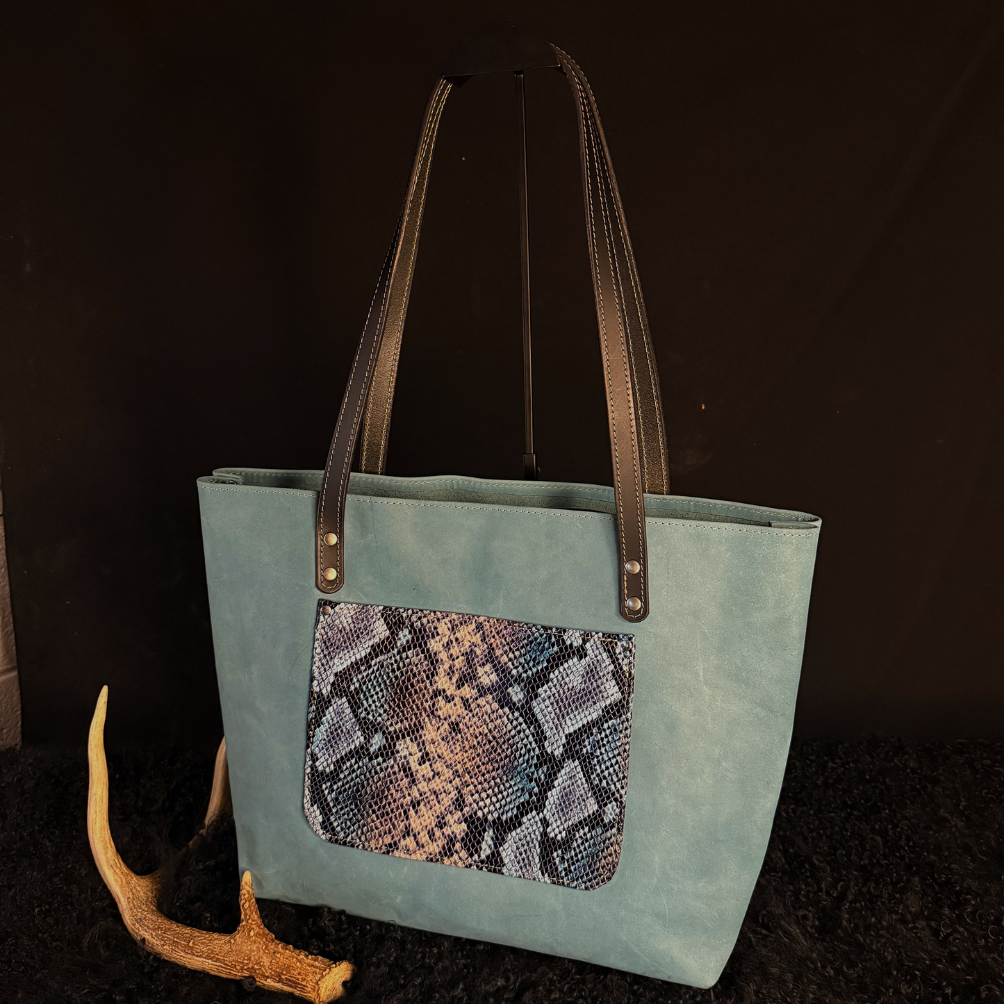 Dustwalker Tote - Slate Blue with Embossed Snakeskin Pocket and Midnight Black Accents #198