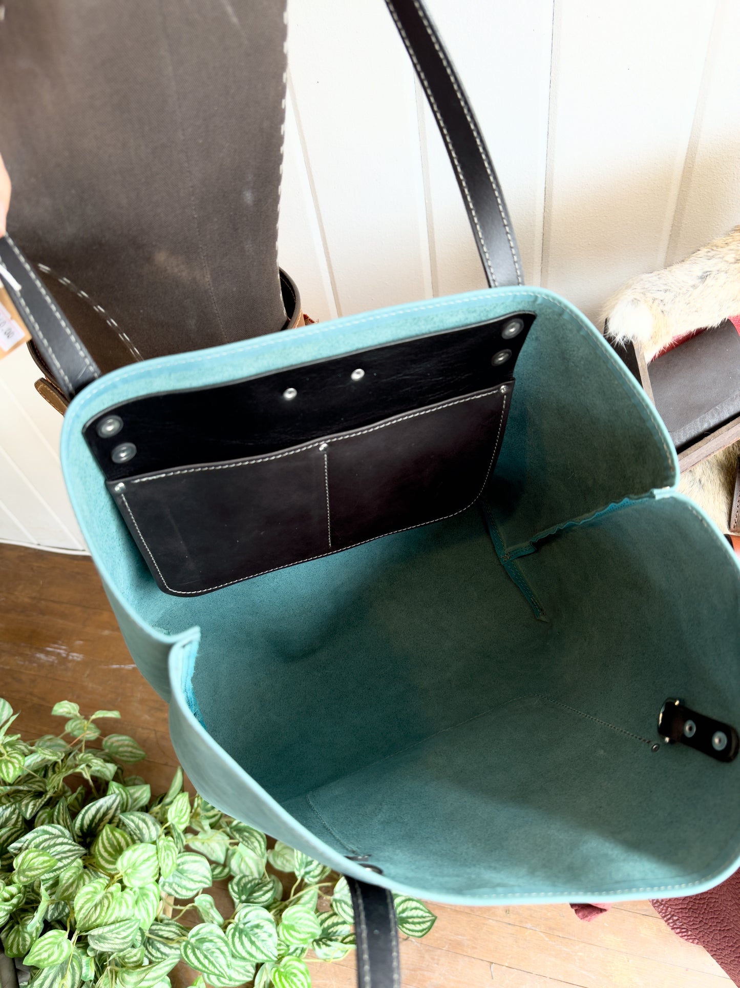 Slate Blue & Black Handcrafted Leather Tote #135