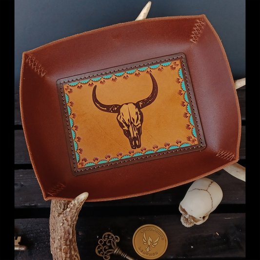 Boneyards EDC Tray Buffalo Brown with Cowskull Liner. Border Stamped and hand-painted. 209