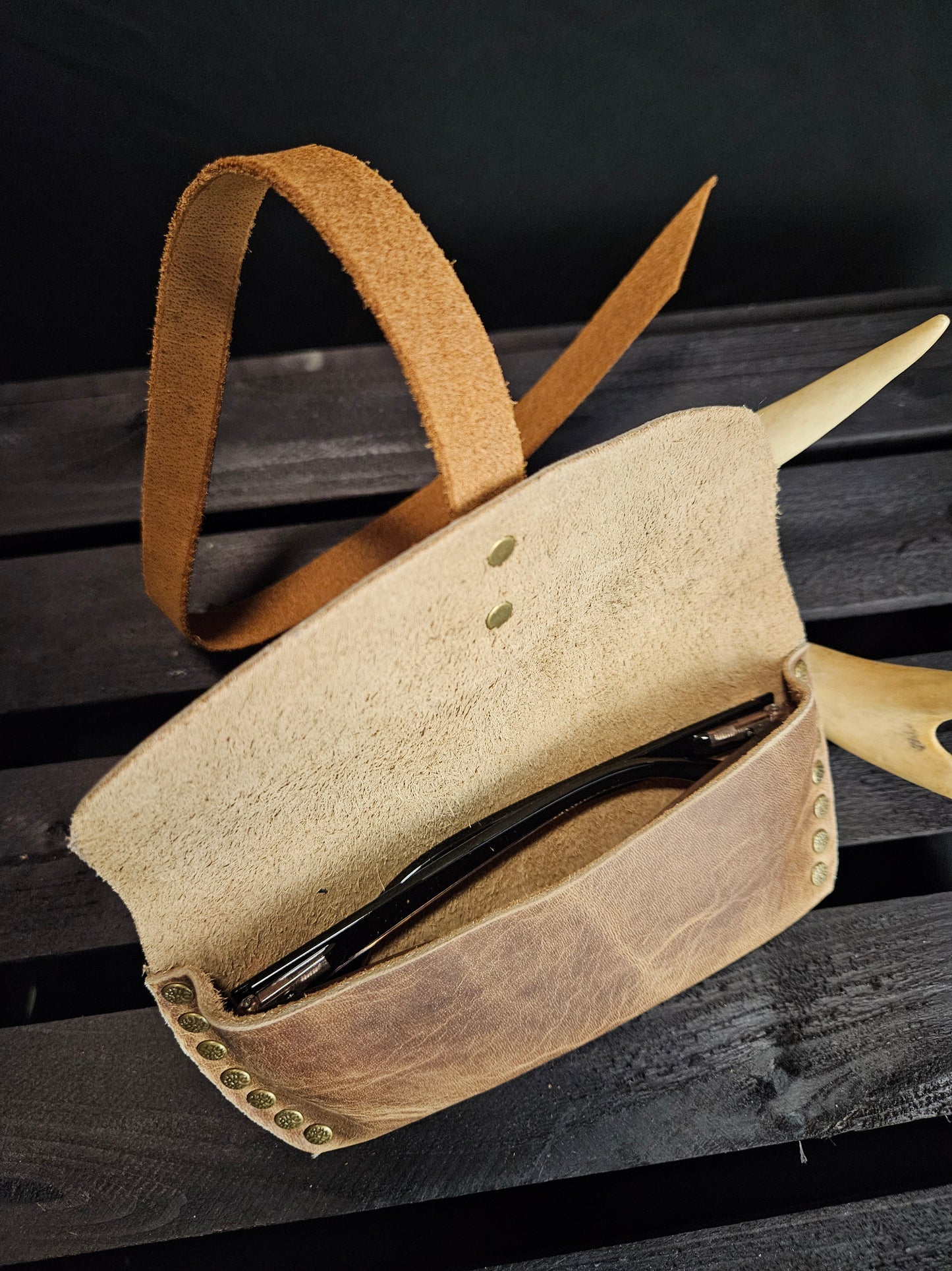 Glasses Case With Strap. Pull Up Leather. Tan Color. Riveted. #17