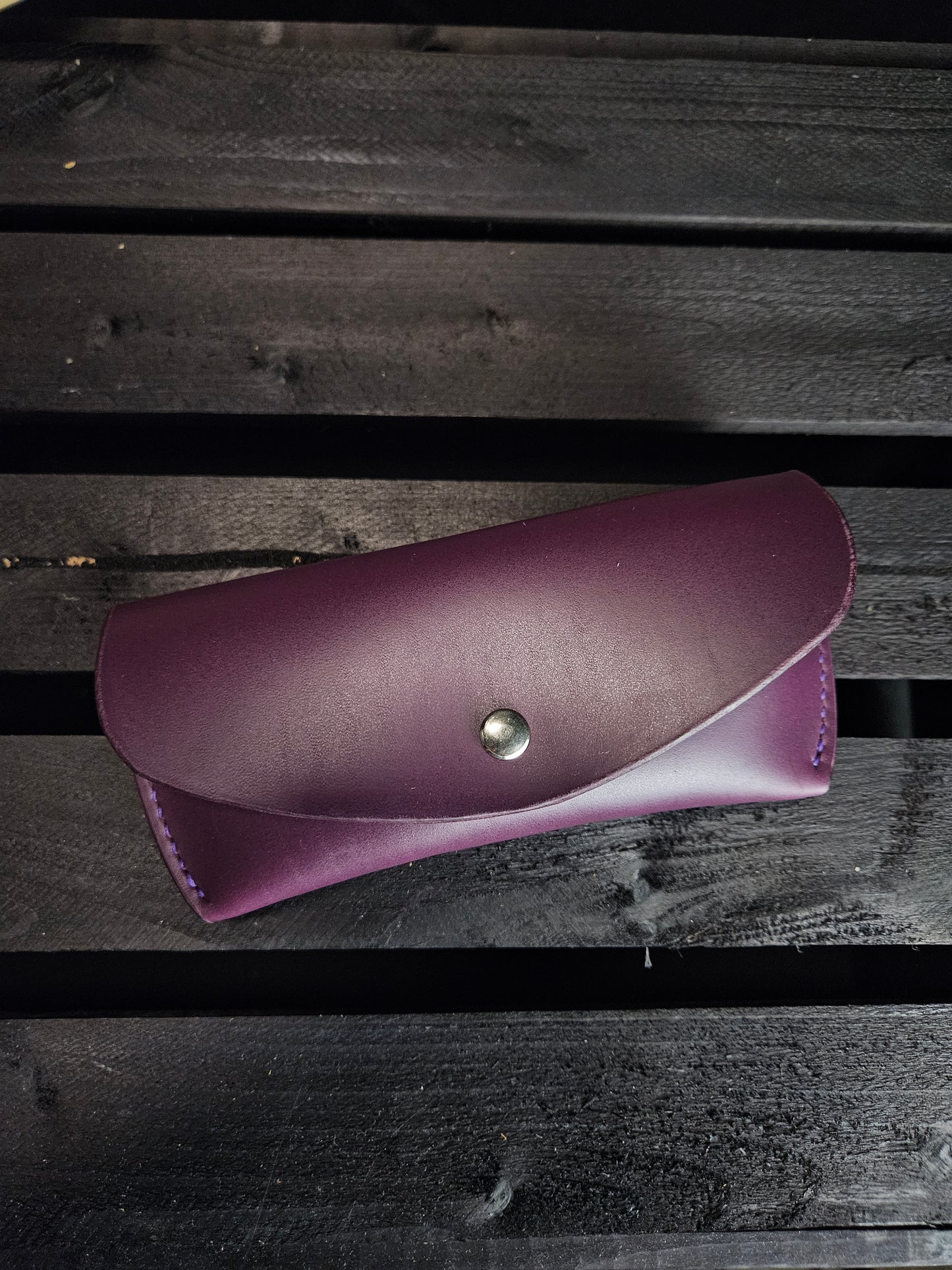 Glasses Case With Snap. Purple Leather & Shark. Purple Stitch. #16