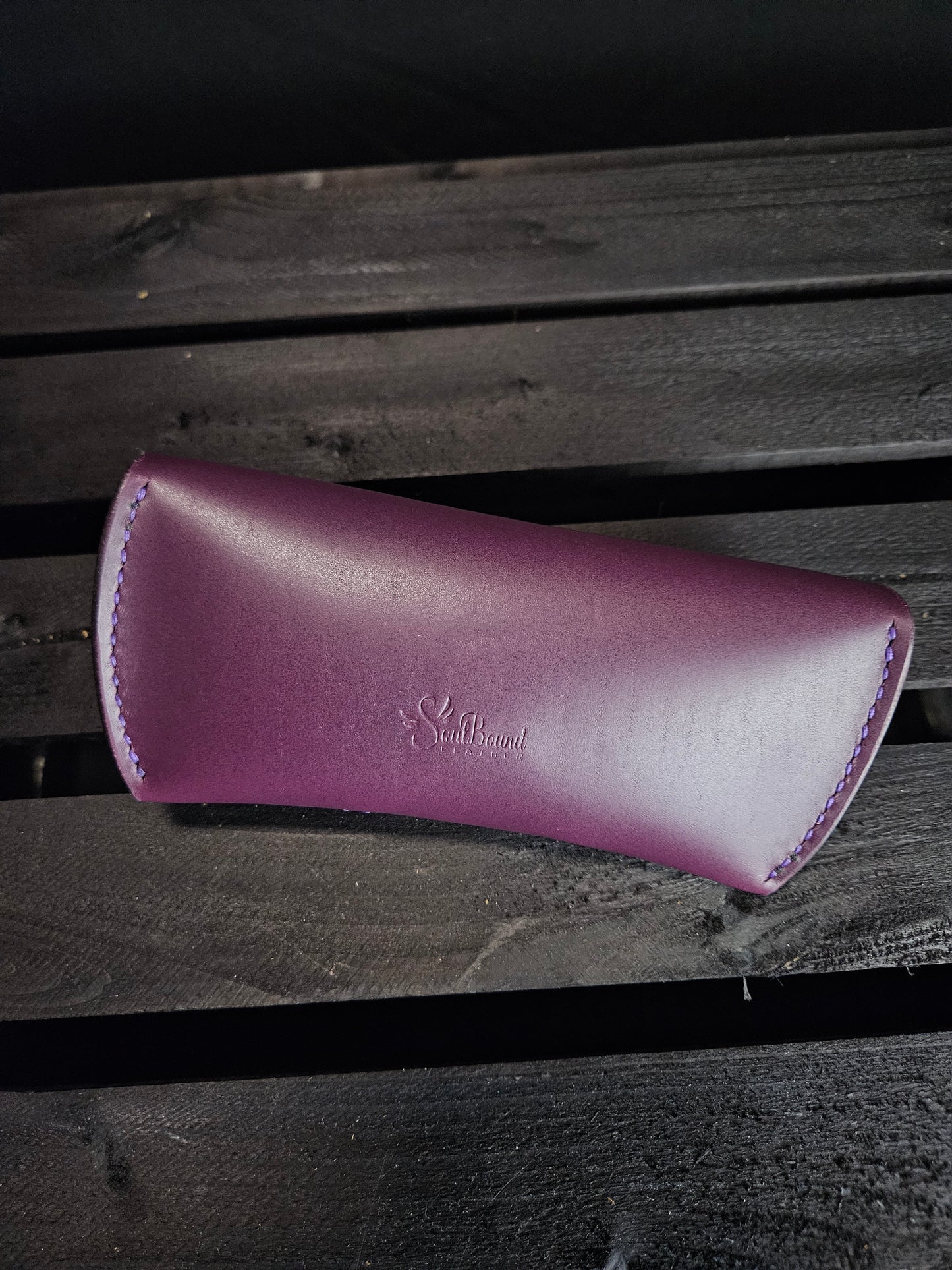 Glasses Case With Snap. Purple Leather & Shark. Purple Stitch. #16