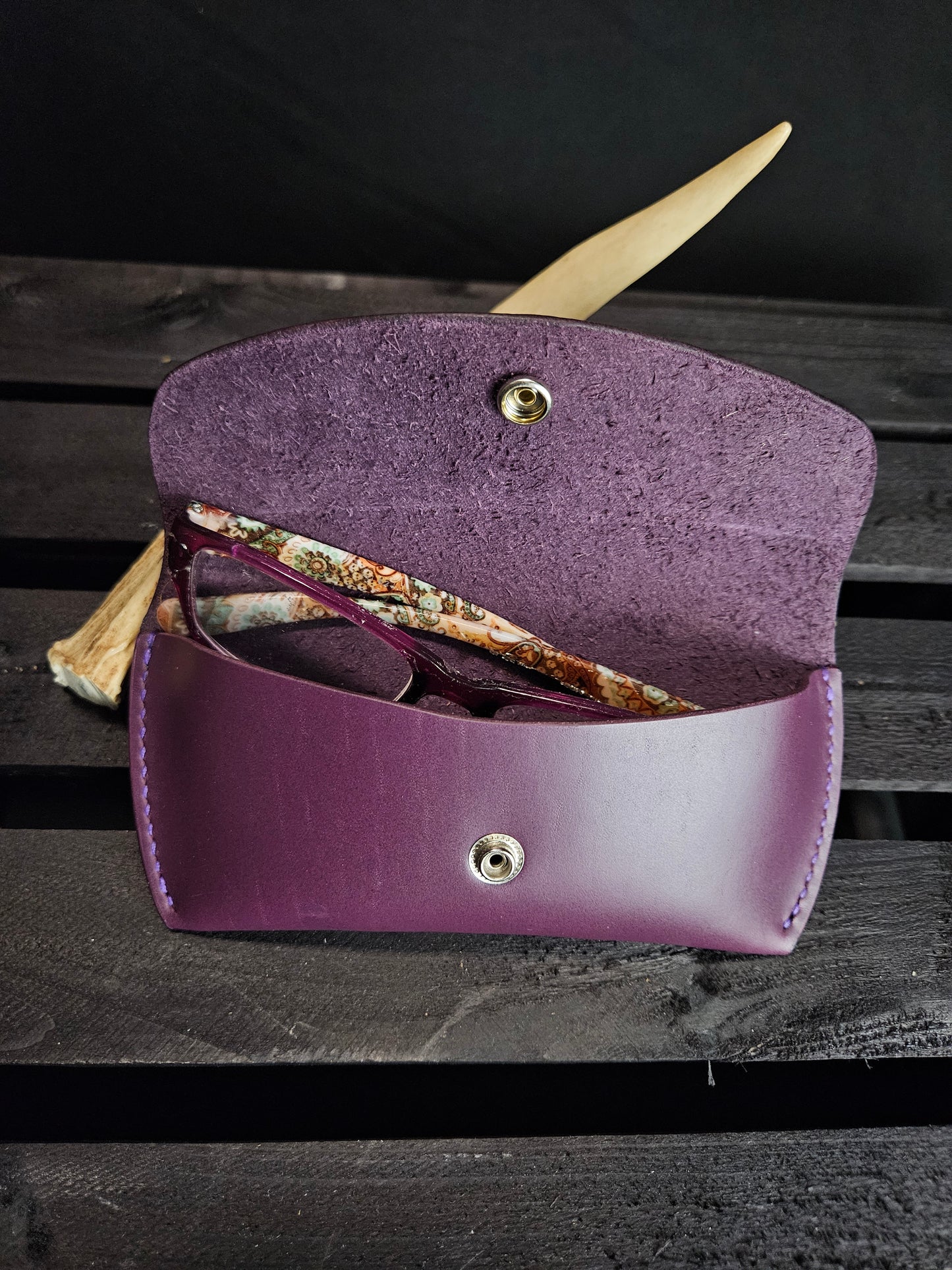 Glasses Case With Snap. Purple Leather & Shark. Purple Stitch. #16