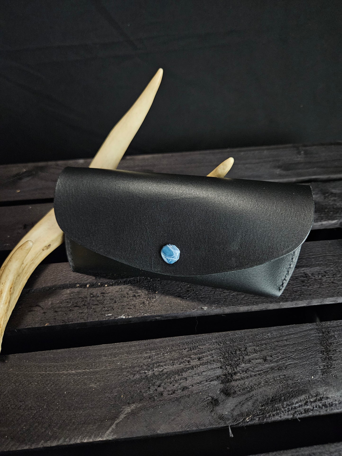 Glasses Case With Alligator Wrapped Snap. Black Leather & Baby Blue Alligator. Black Stitch. #12