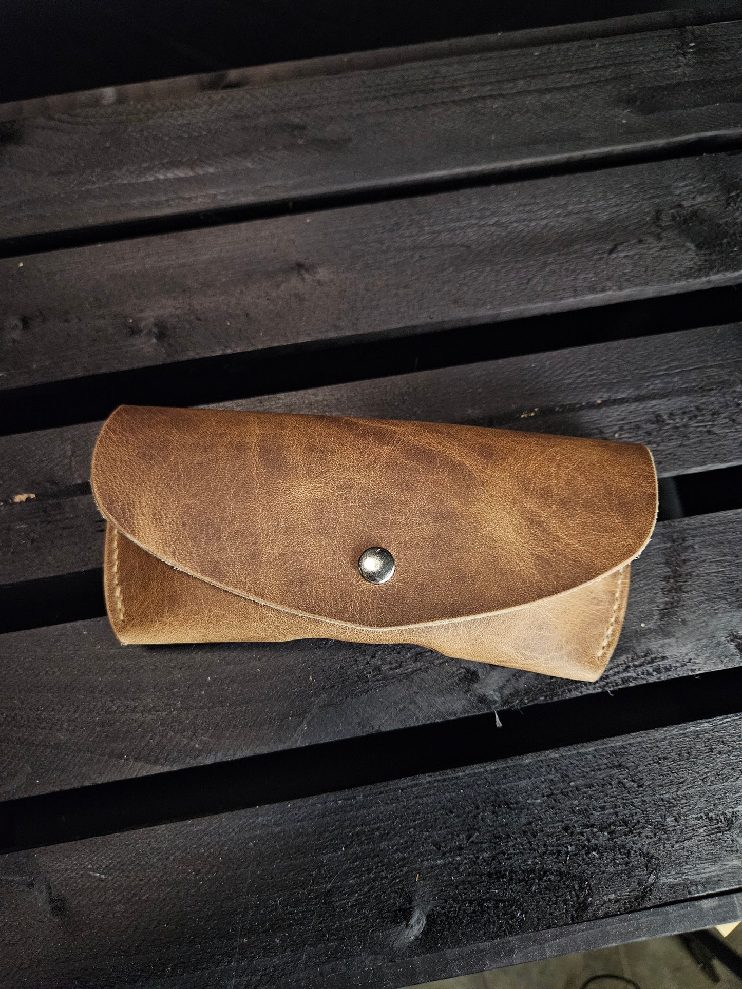 Glasses Case With Snap. Pull Up Leather. Tan Color. Tan Color Stitch. #15