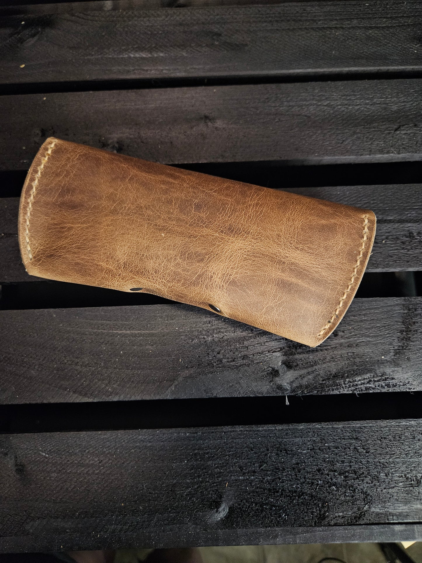 Glasses Case With Snap. Pull Up Leather. Tan Color. Tan Color Stitch. #15