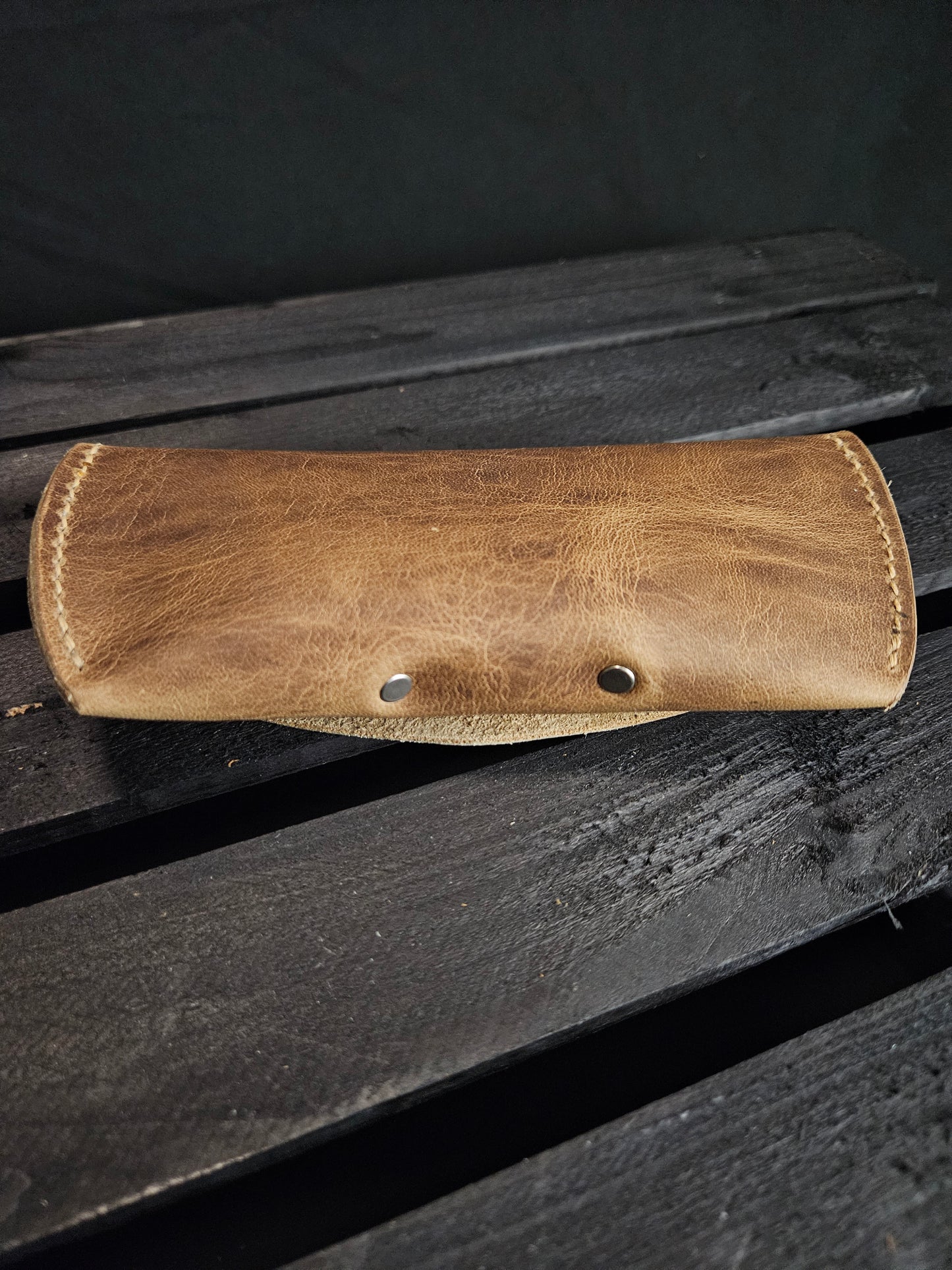 Glasses Case With Snap. Pull Up Leather. Tan Color. Tan Color Stitch. #15