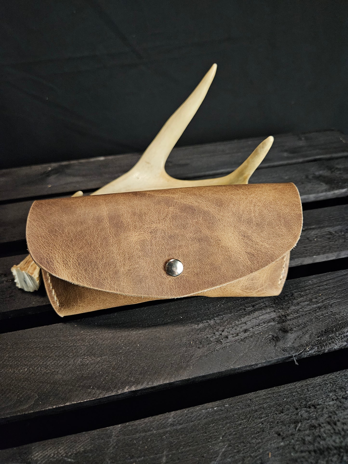 Glasses Case With Snap. Pull Up Leather. Tan Color. Tan Color Stitch. #15