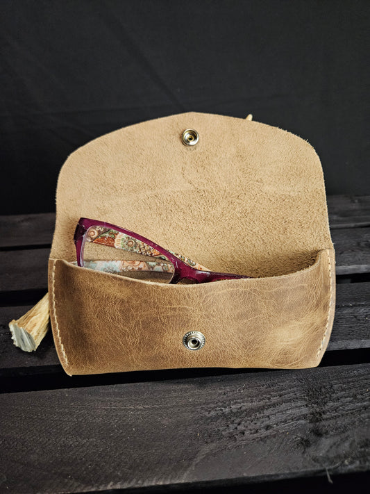 Glasses Case With Snap. Pull Up Leather. Tan Color. Tan Color Stitch. #15