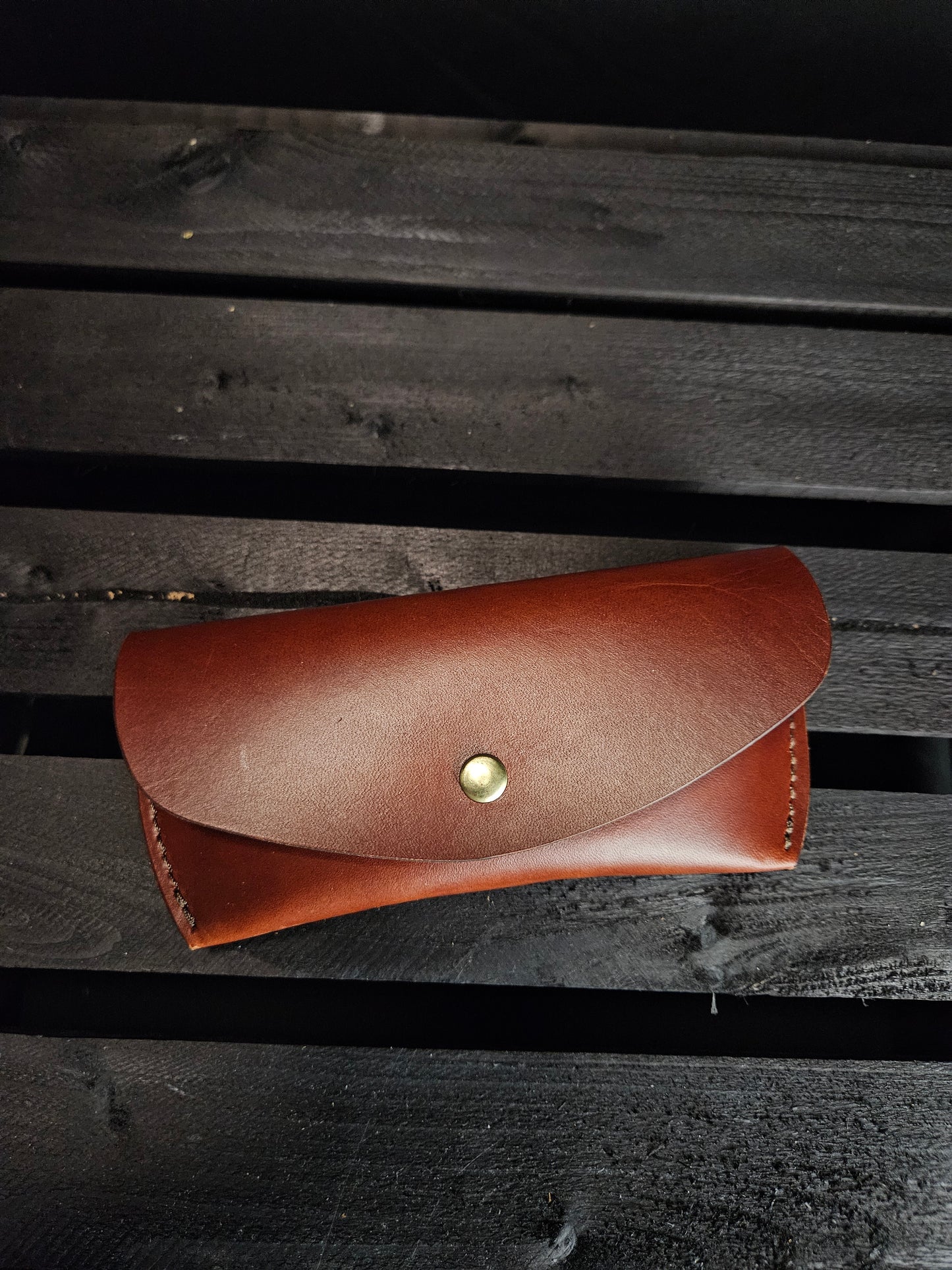 Glasses Case With Snap. Medium Brown English Bridle Leather. Brown Stitch. Brass Snap. #14